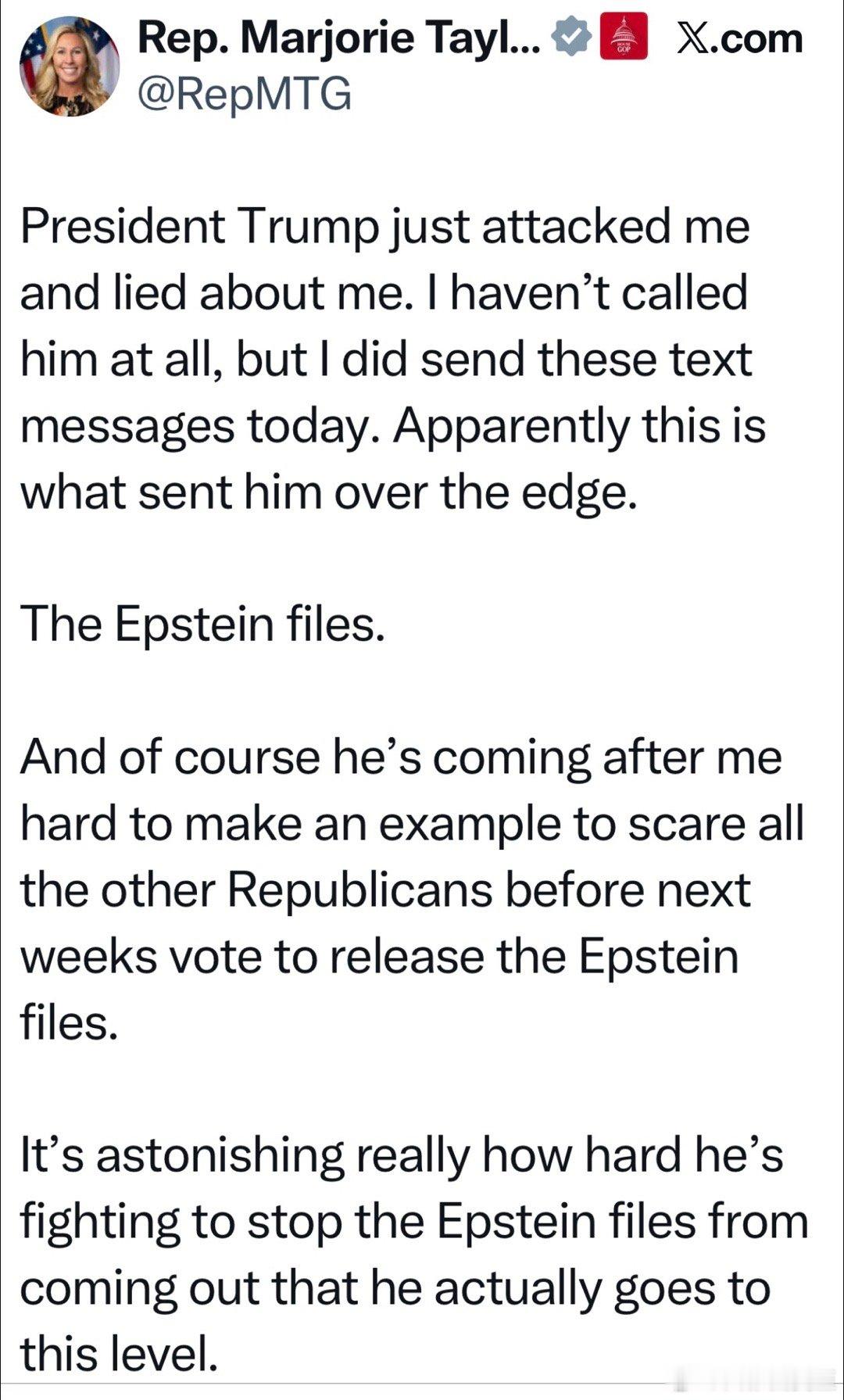 Greene回应“总统取消背书”：Ｔ攻击我，是因为Epstein档案…他想杀一儆