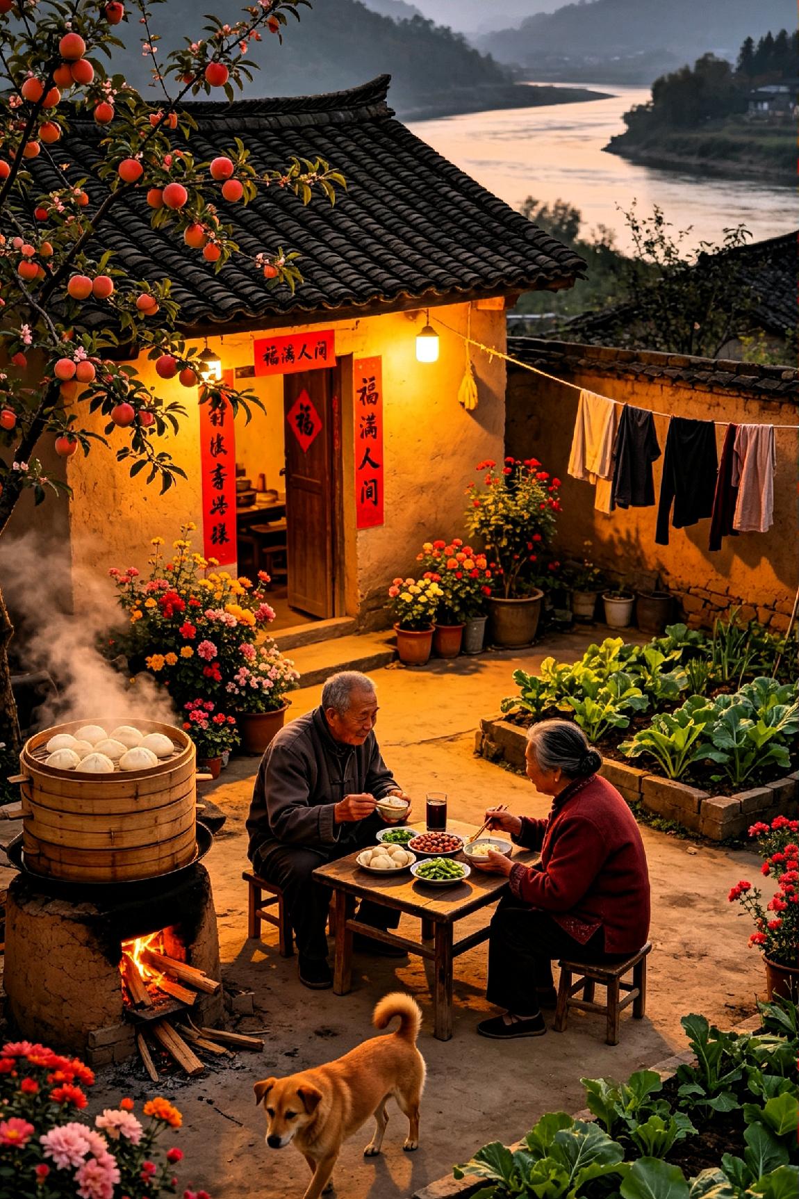 《粗茶淡饭》

 
柴门向晚对青山，暮色横江绕陋湾。

黑瓦檐头灯影软，土坯院里