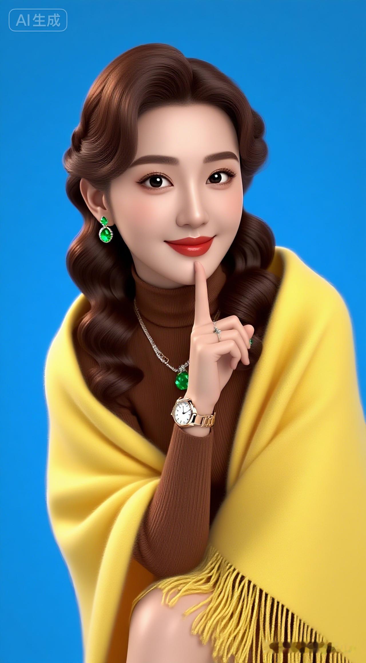 优雅气质，时尚穿搭，绿宝石耳环，黄色披肩，精致妆容，完美造型。