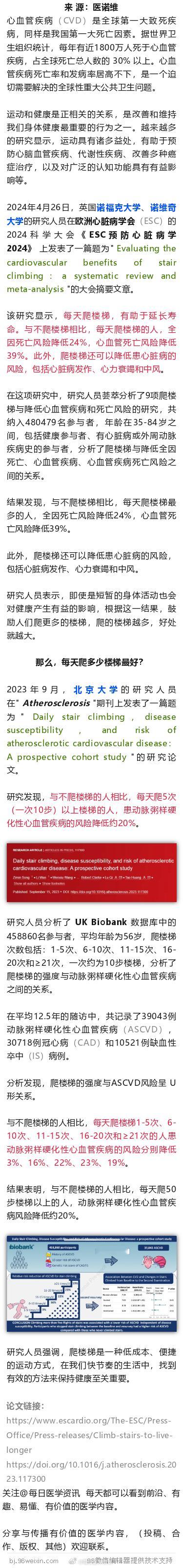 最新研究显示，每天爬楼梯，延长寿命，降低心脏病、死亡风险2024年4月26日，英
