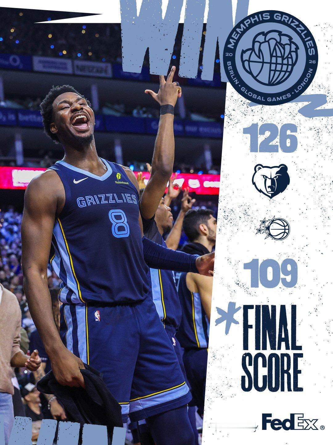 灰熊战胜魔术 灰熊126-109战胜魔术。莫兰特得到24分5篮板13助攻，杰克逊