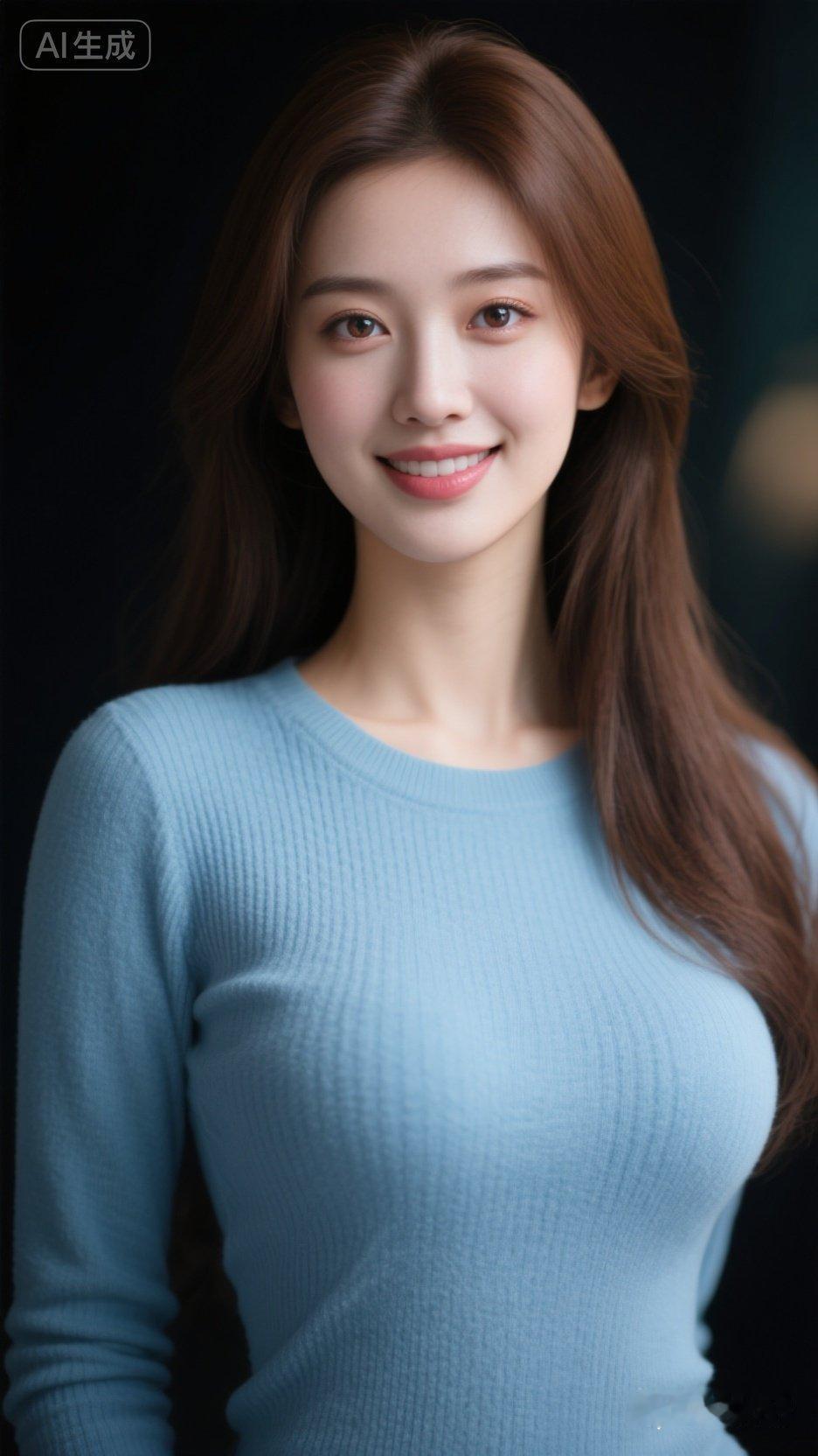 温柔甜美的微笑，蓝色毛衣的清新穿搭，AI生成的完美形象！😊✨