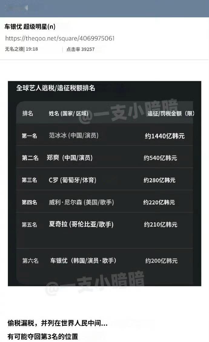 网友整理的逃税排行榜，前一二都是我们内地的，分别是爽子和冰冰！曝金宣虎逃税金宣虎