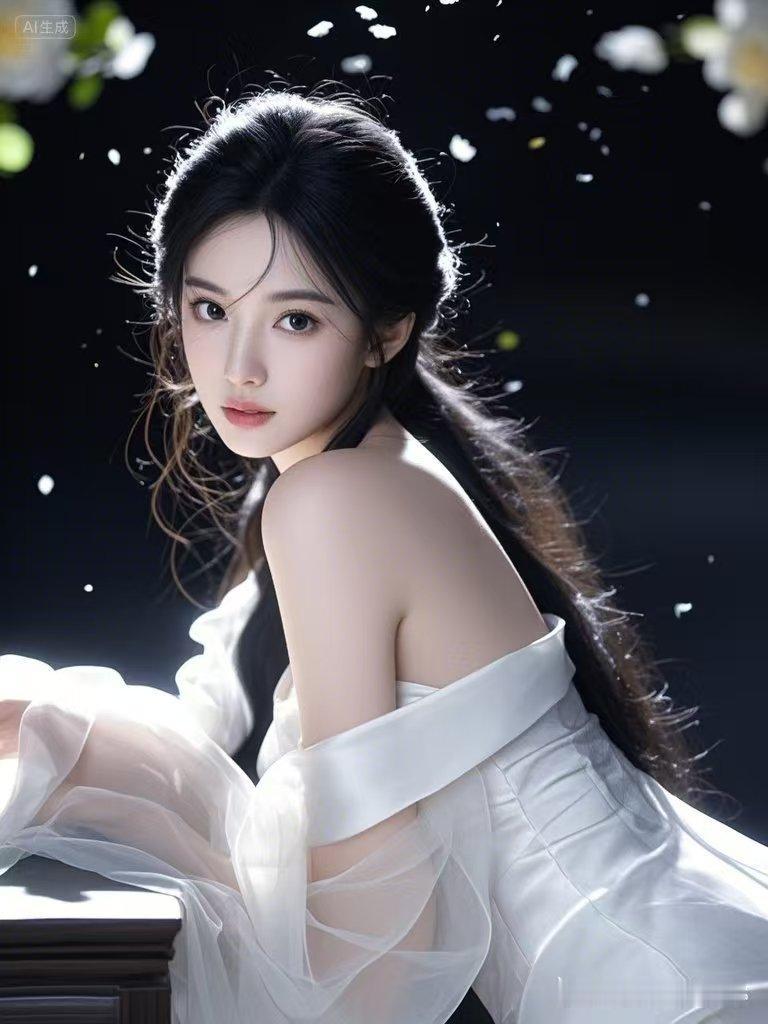 白衣仙子身姿轻盈飘逸，漫天花瓣随风缓缓飞舞，她温柔回眸眼含柔情，似与春日轻声私语
