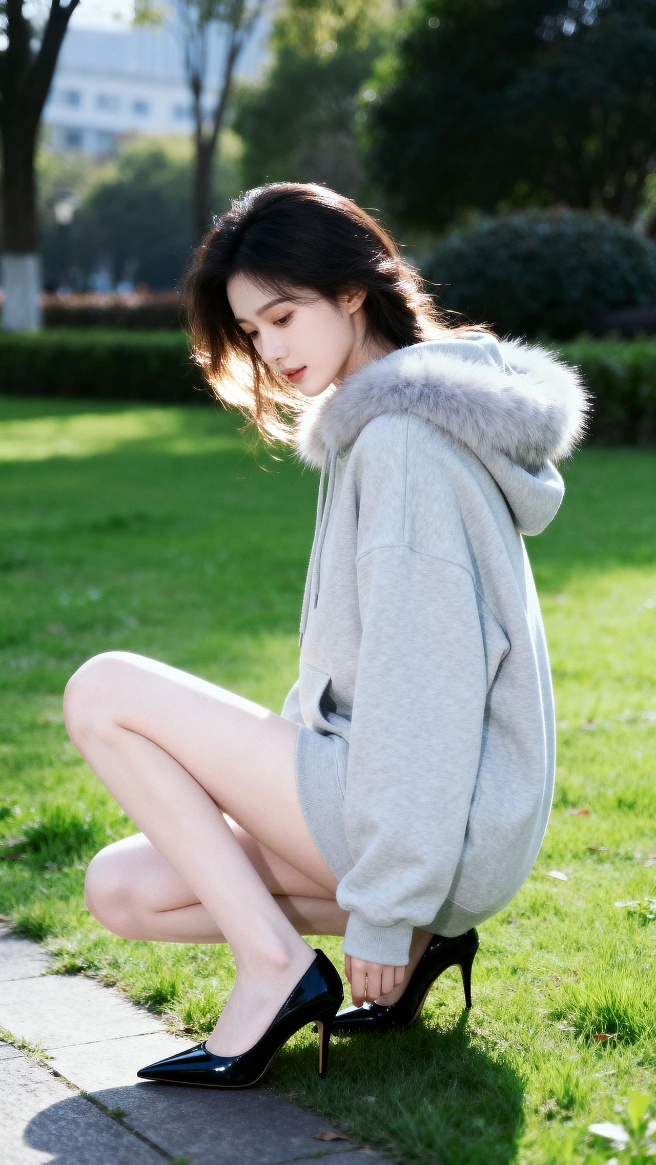 拍照姿势 摄影约拍 草坪拍照 甜美穿搭 高跟鞋