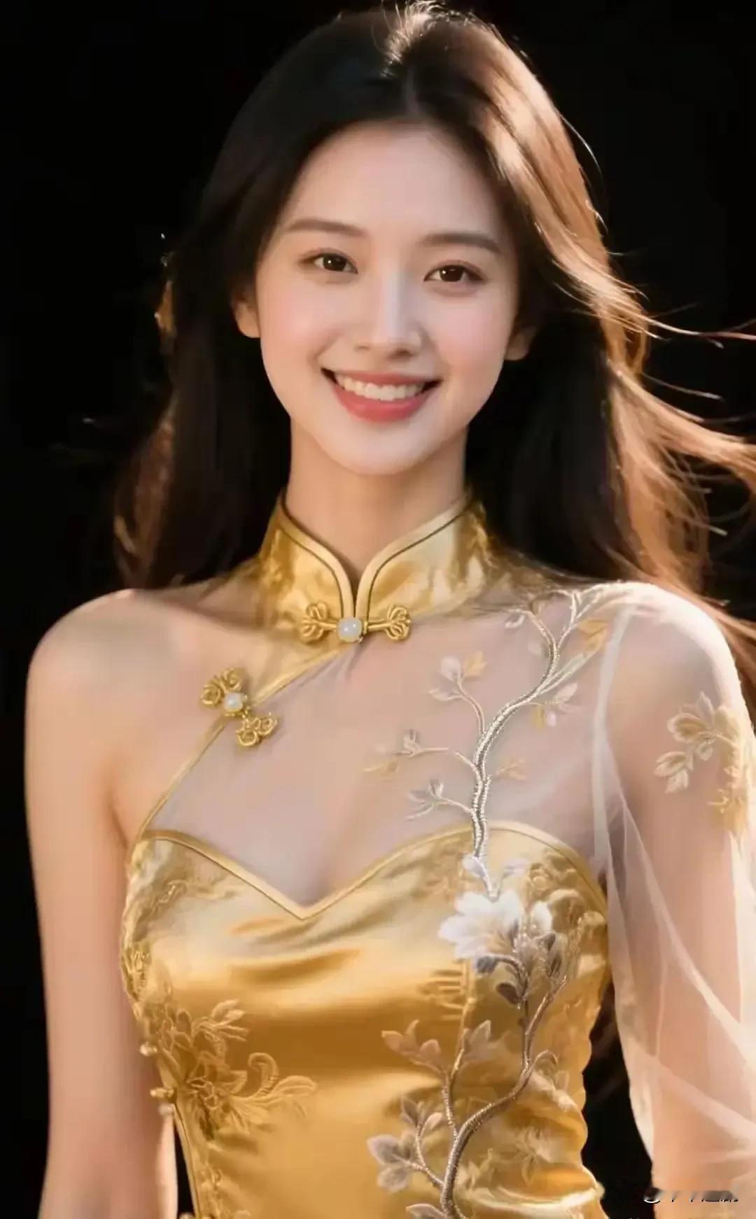 鎏金刺绣旗袍衬着纯黑背景，珍珠盘扣点缀揉出华贵又温婉的东方氛围感✨
颜色鲜艳的旗
