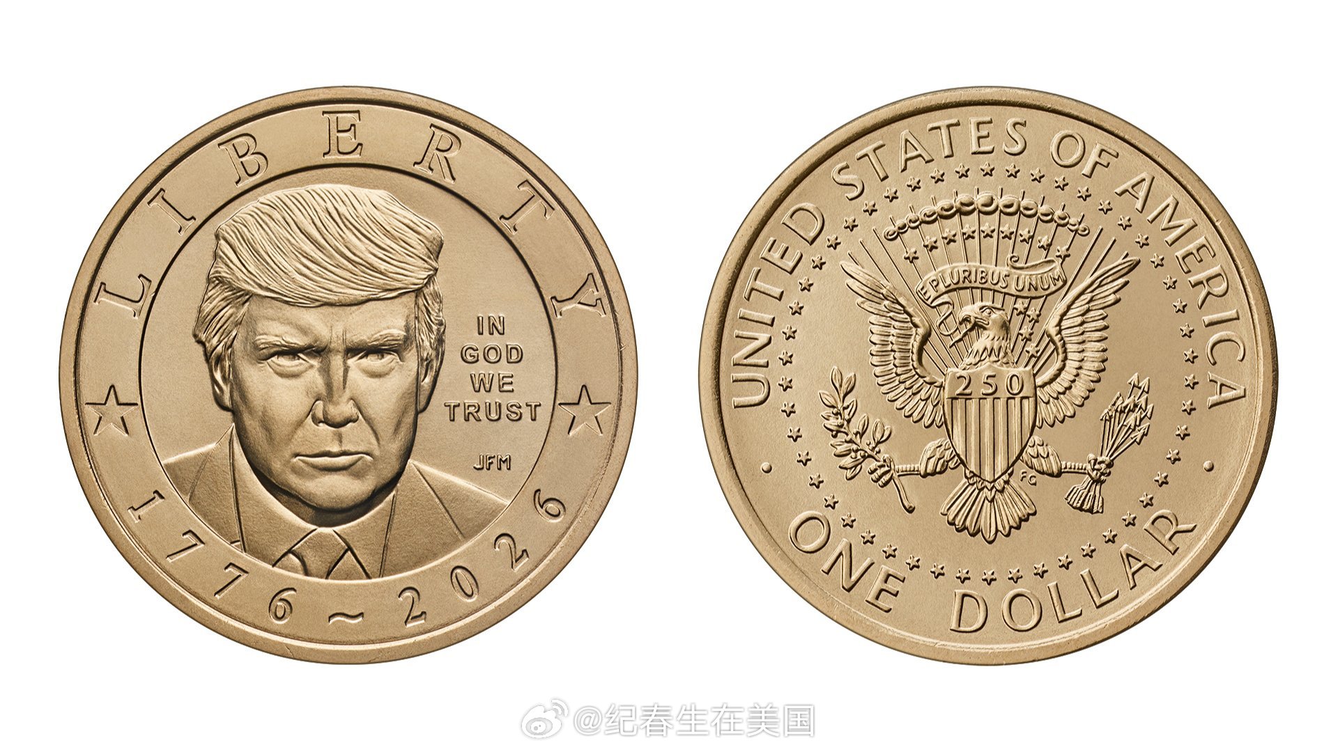 财长贝森特今天公布一组拟发行的以川普为主题的1美元金币设计图，以纪念美国独立25