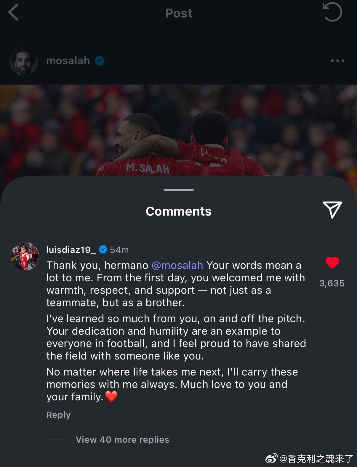 迪亚斯给萨拉赫的留言：谢谢你，兄弟 mosalah 你的话对我意义重大。从第一天