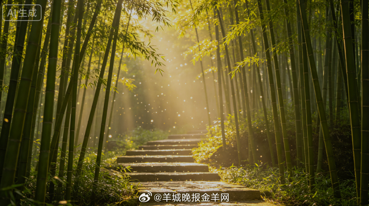 #早安# 晨光穿透层层青竹，在石阶上落下细碎光斑，沿着竹海小路缓缓漫步。清风携着