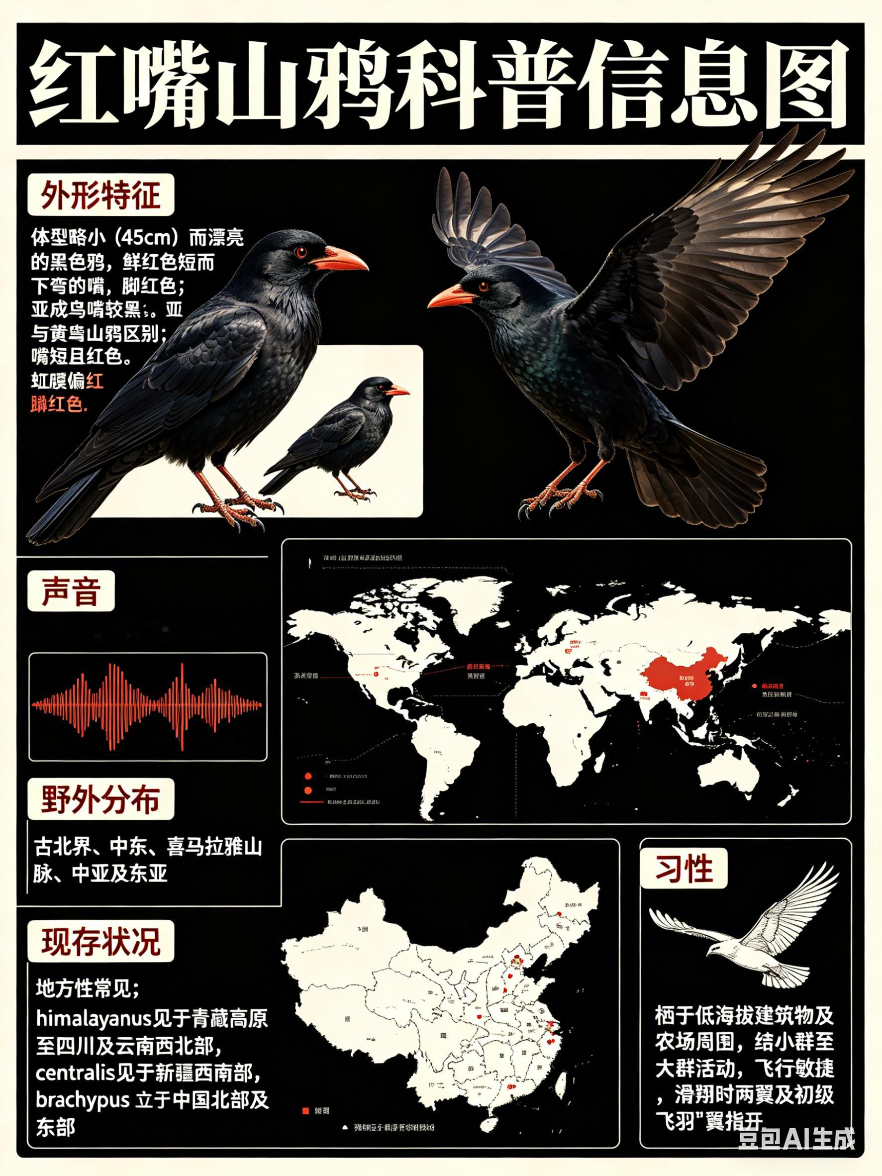 鸟类朋友图鉴 红嘴山鸦·科属：雀形目，鸦科。·外形特征：体型略小（45cm）而漂