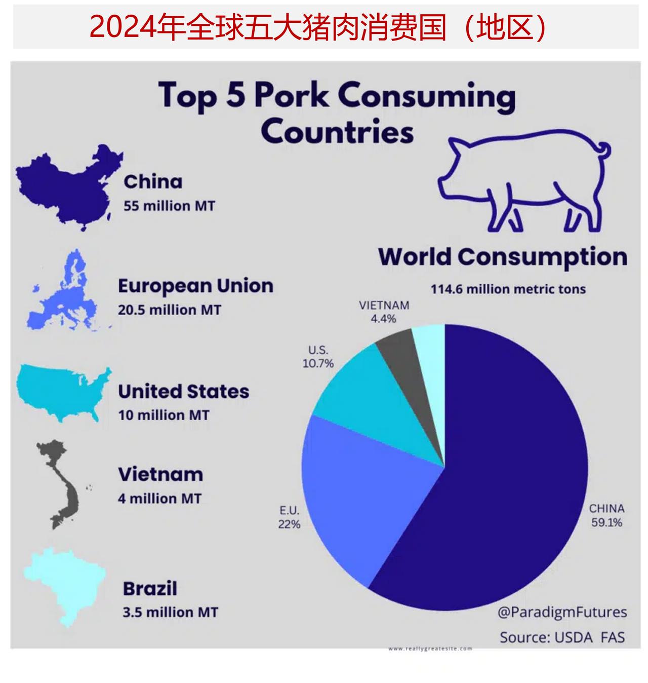 盘点2024 年猪肉消费量最高的国家，中国猪肉消费量遥遥领先

亚洲和欧洲国家是