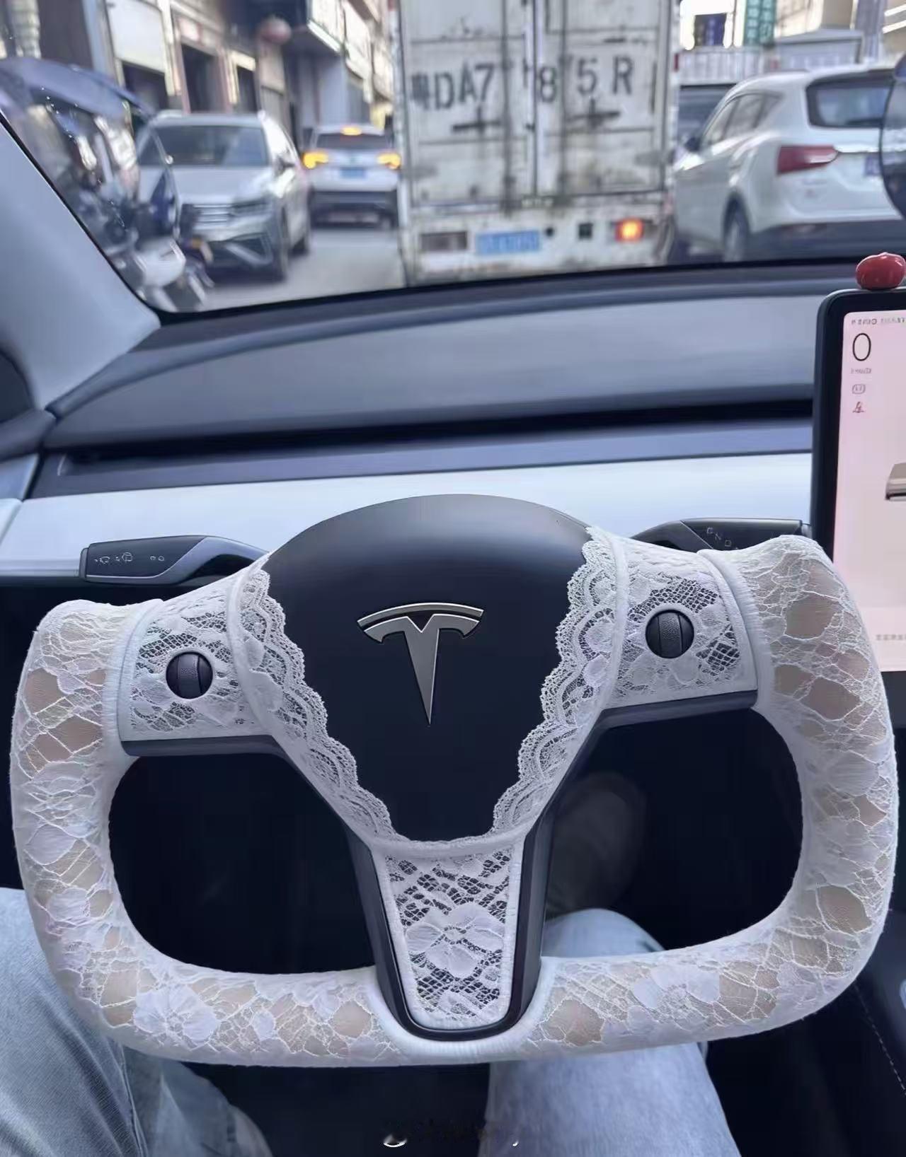 我看到这个蕾丝边方向盘套的第一反应是树袋熊，你们呢？特斯拉新能源汽车特斯拉