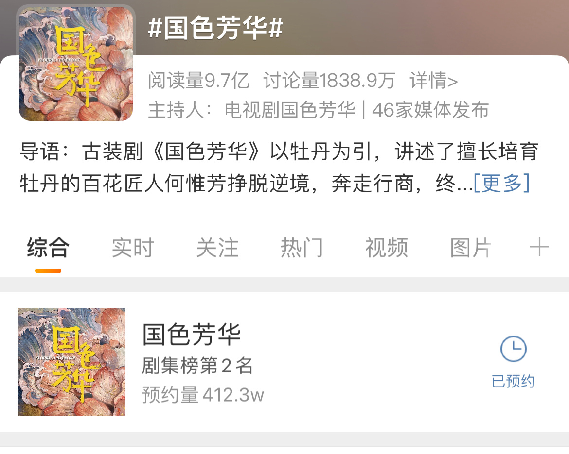 恭喜杨紫国色芳华芒果TV站内预约量破410万，破芒果TV最高预约记录。 