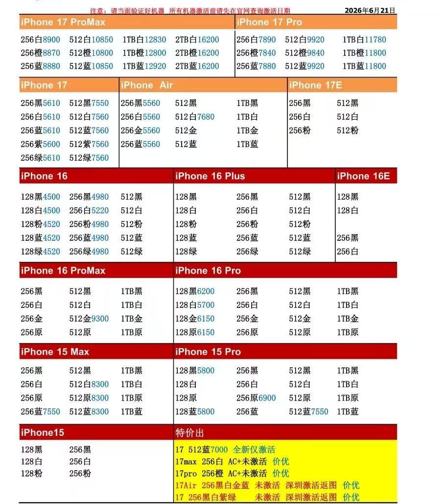 26年6月21日国行苹果手机系列价格更新，今天的17系列部分型号略涨，少数略涨个