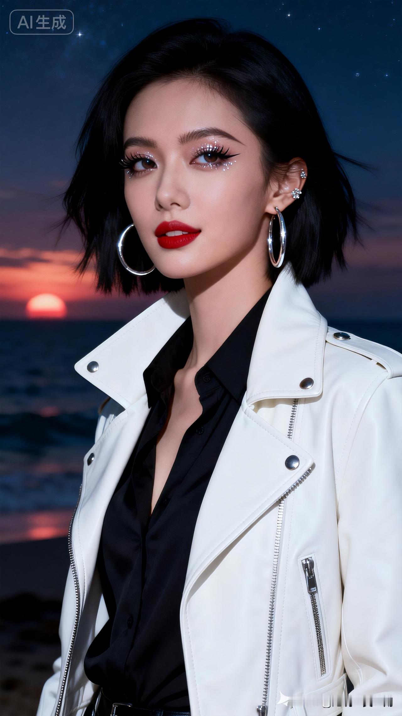 海边日落下的时尚大片，红唇与白衣的完美搭配，尽显都市女性魅力！🌅👗💄美丽大