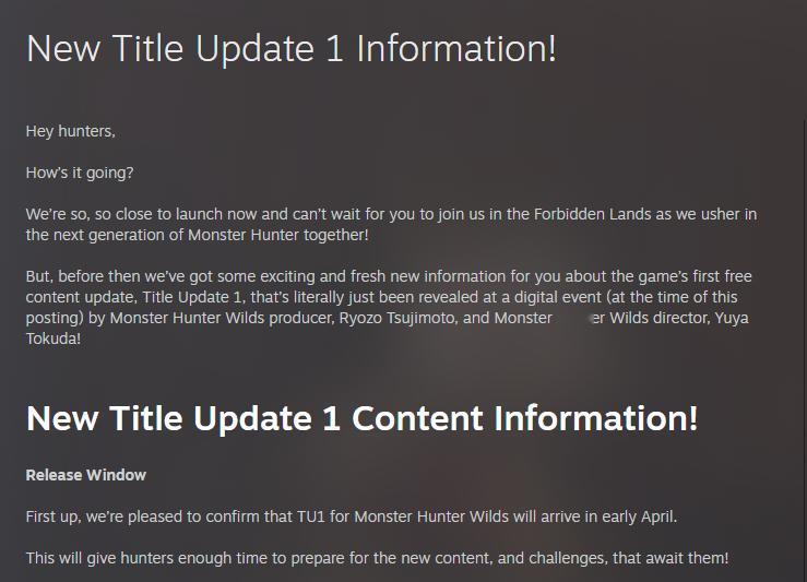 【 怪物猎人荒野首个内容更新4月推出 】今日正式发售的《怪物猎人：荒野》官方发布