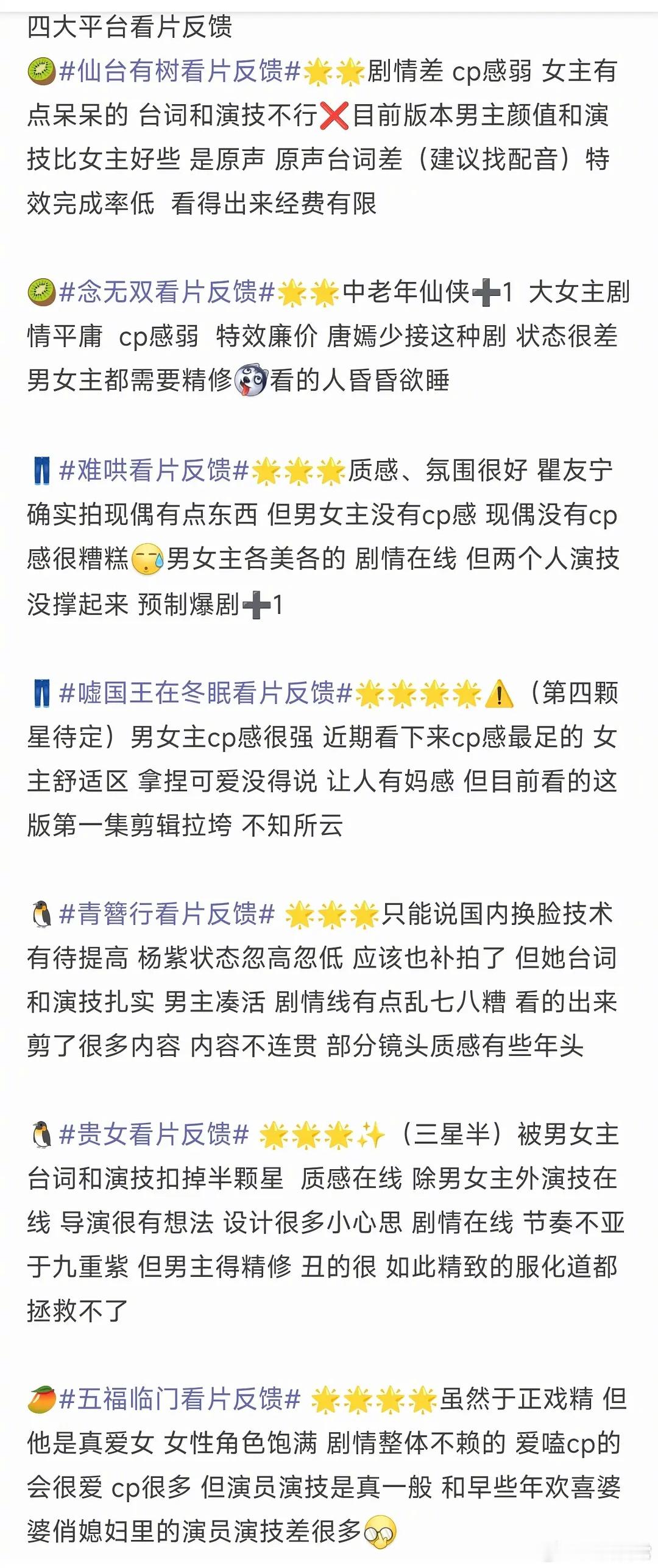 四大平台待播剧看片反馈 