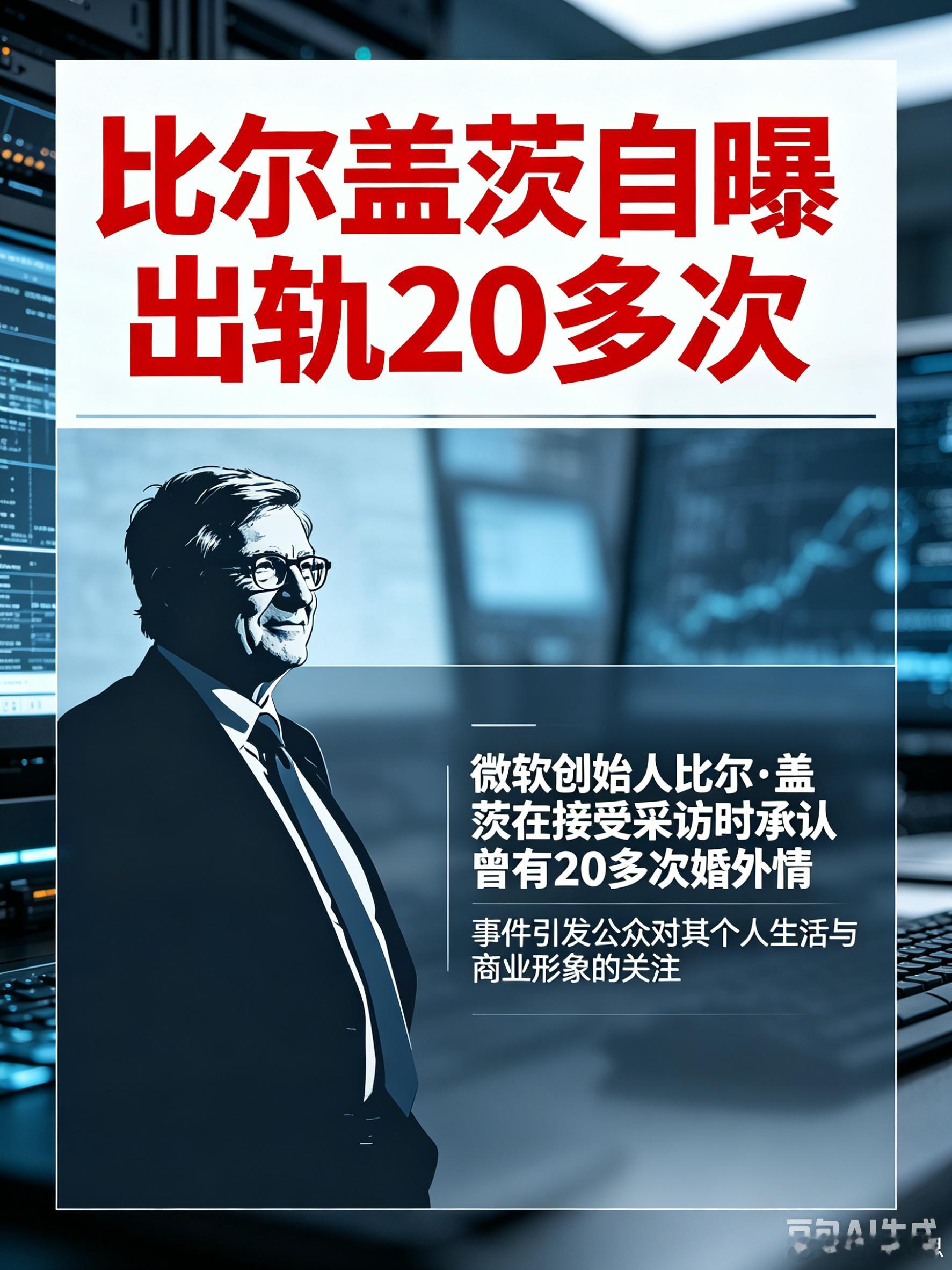 比尔盖茨自曝出轨20多次 6月10日，比尔·盖茨在国会听证会上自曝在27年婚姻中