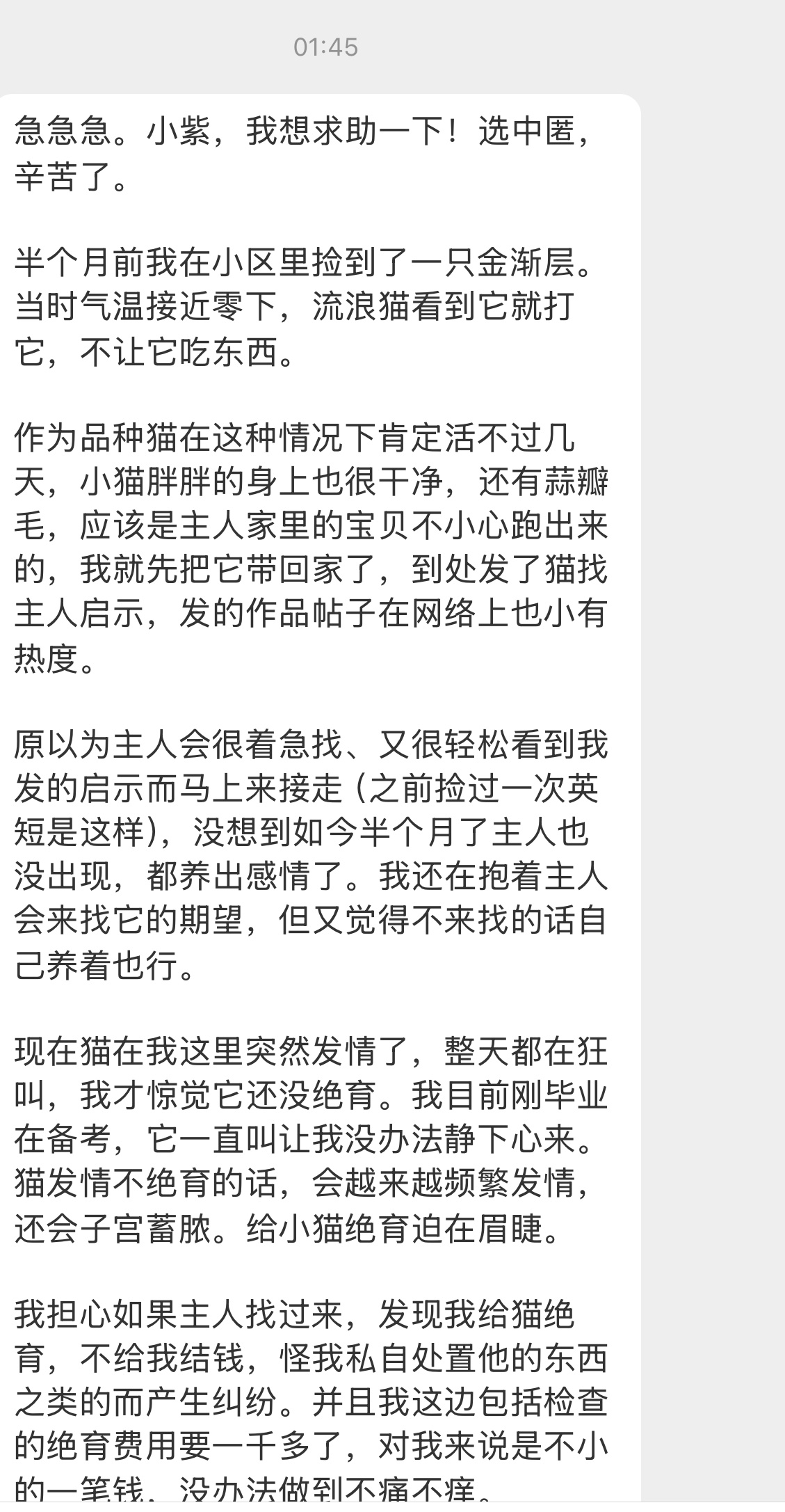 【急急急。小紫，我想求助一下！选中匿，辛苦了。半个月前我在小区里捡到了一只金渐层