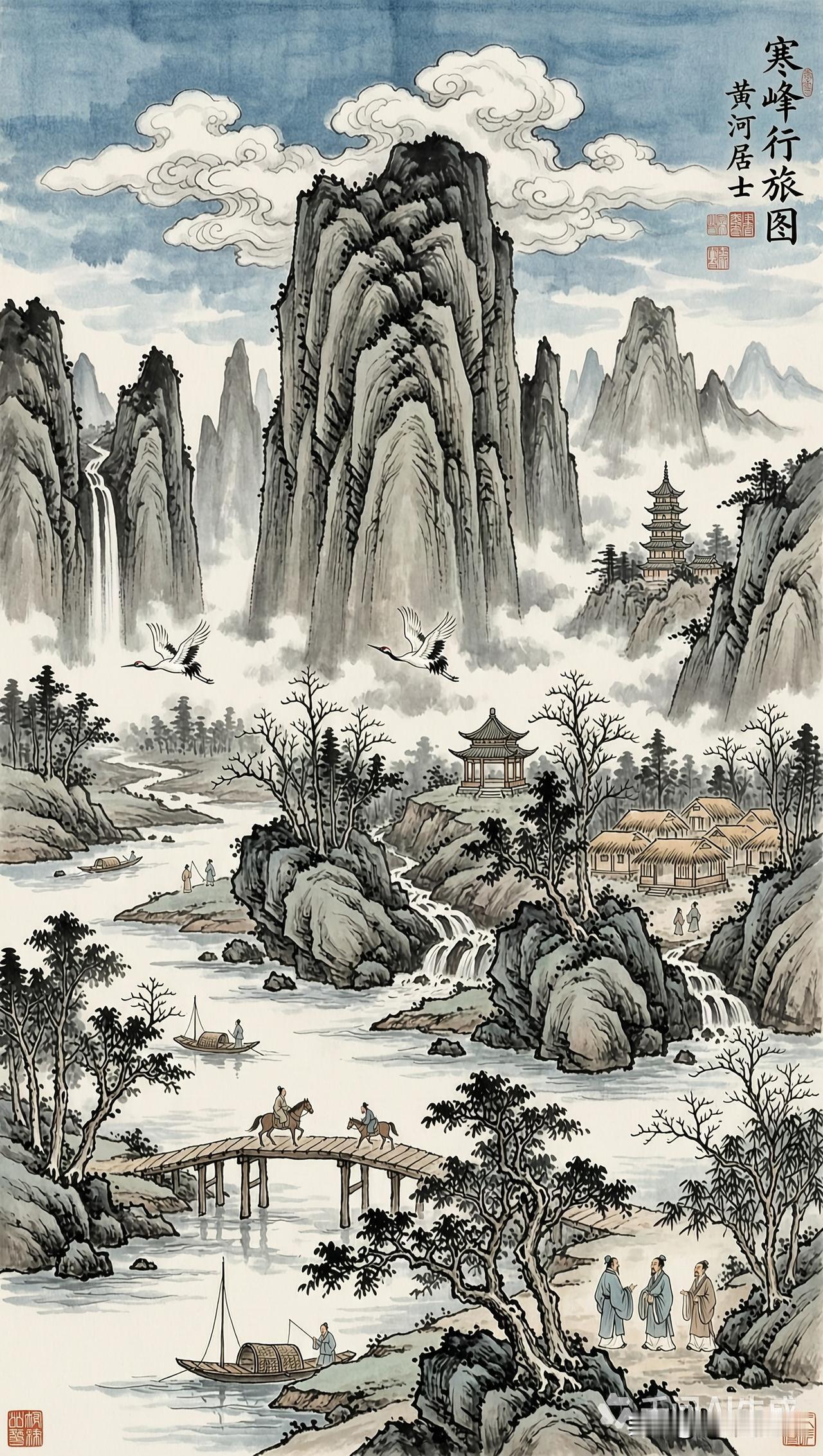 寒峰行旅图，山水画中的世外桃源，带你领略古人的诗意生活。