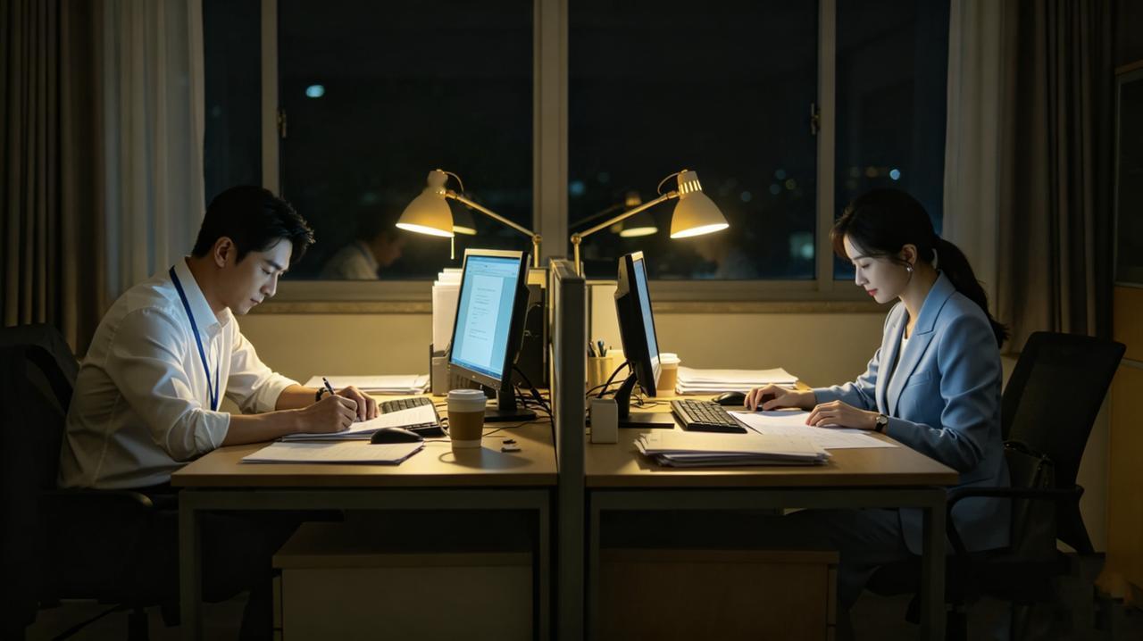 陈宇每天加班到很晚，不是因为活儿多，是因为对面工位的苏晚加班。
他不敢搭话，只能