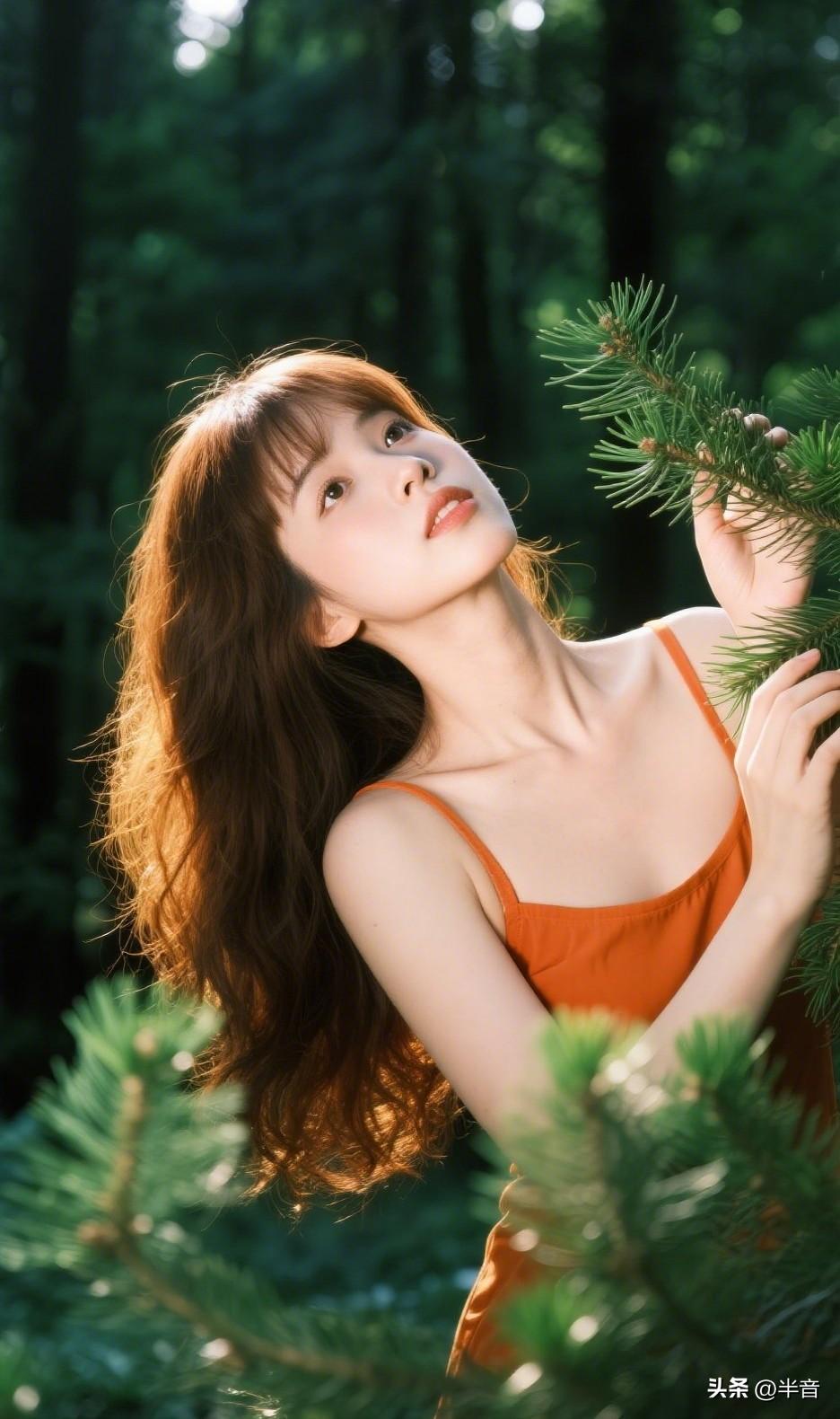 “在森林里捡到一束光✨
橘色吊带撞进满眼绿意
风里都是松针的清香