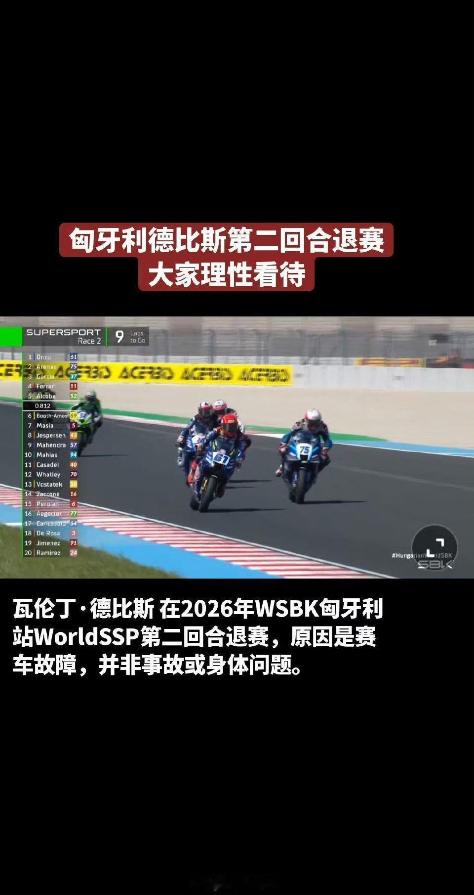 张雪机车德比斯退赛 2026年5月3日20时，WSBK匈牙利站第二回合正赛，张雪