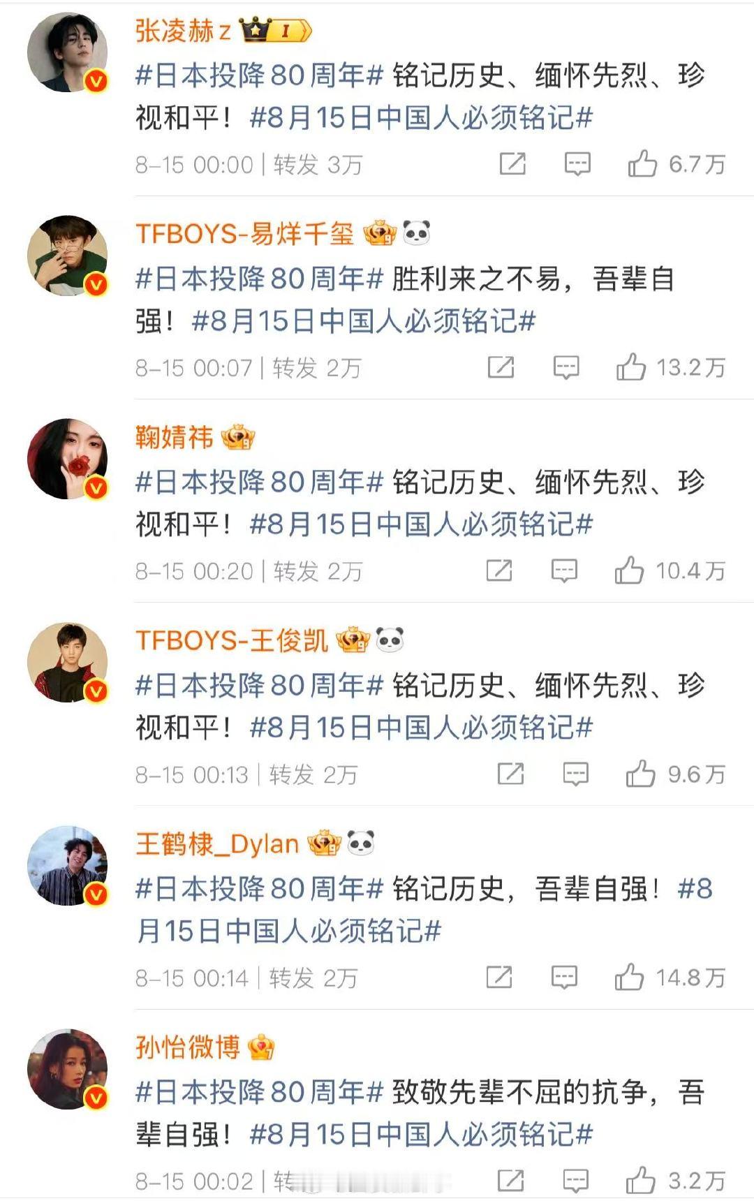 【众星发文铭记历史缅怀先烈】众明星发文铭记历史缅怀先烈80年前的今天，日本宣布无