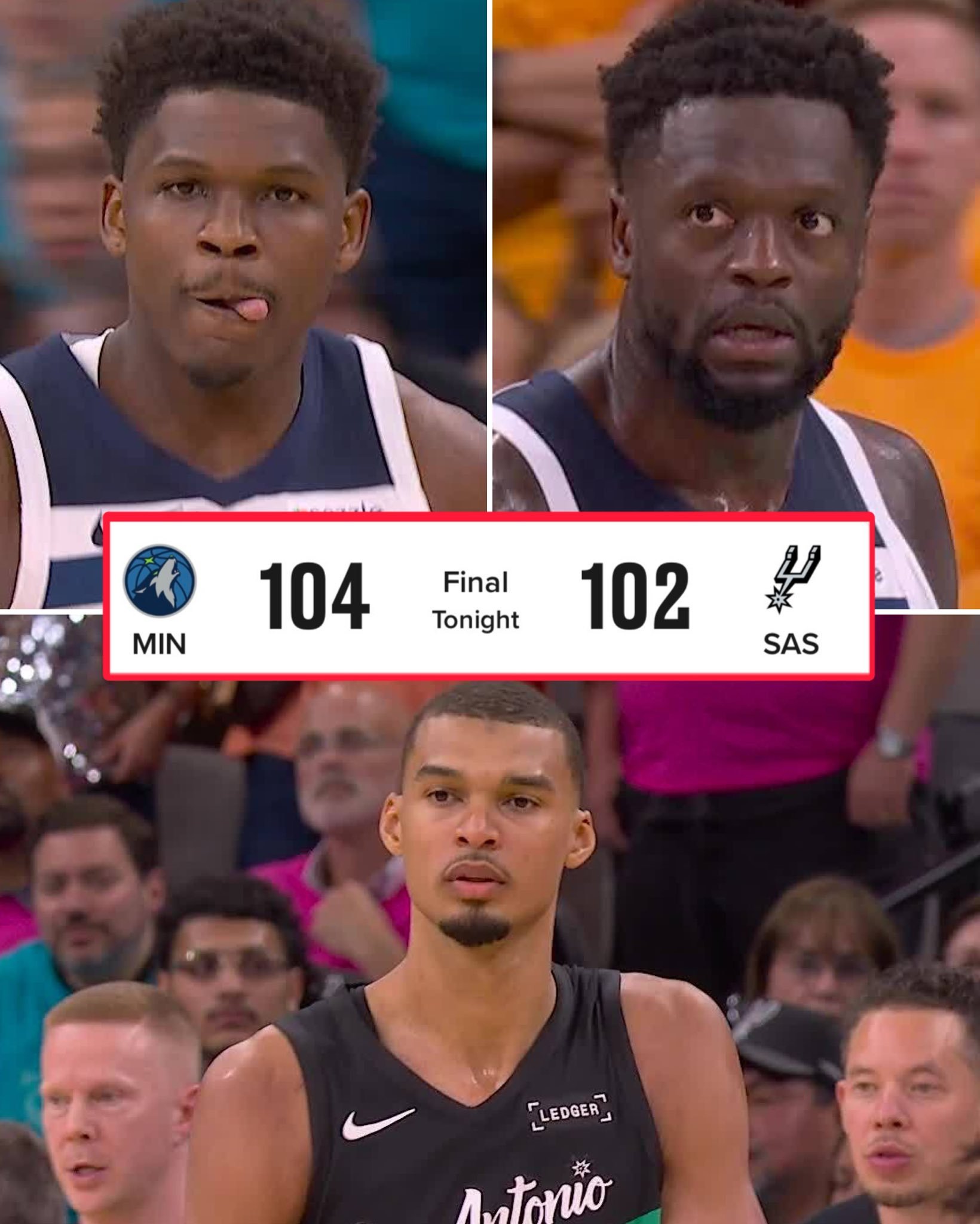 森林狼客场开门红！1-0！森林狼104-102战胜马刺！森林狼vs马刺森林狼1比