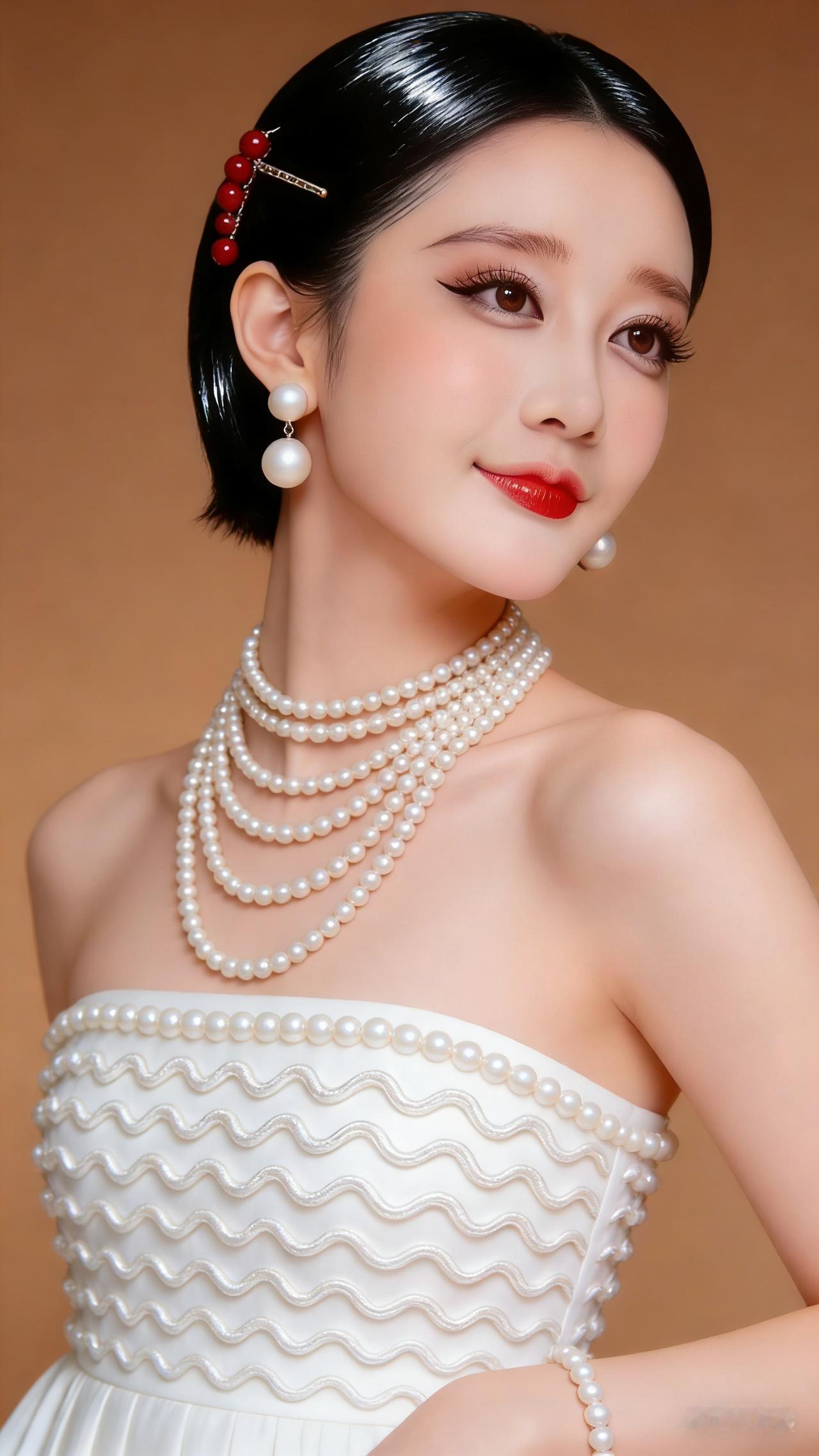 一丝不苟的黑发泛着莹润亮泽，柳叶眉弯翘有致，眼眸澄澈灵动，眼波温婉。脸庞细腻莹白