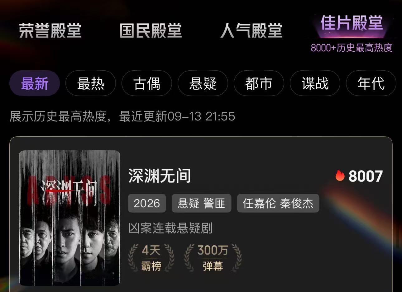 深渊无间进入佳片殿堂，我们做到了[泪奔][泪奔]剧方给任嘉伦和任嘉伦粉丝磕一个吧