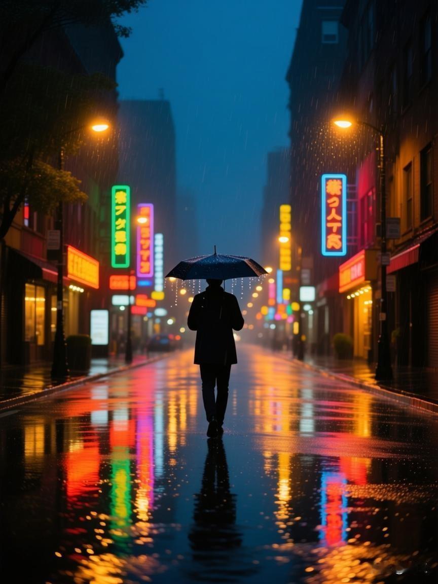 作者加速成长计划晚归的路上，秋雨把整条街都淋湿了，路灯的倒影在积水里碎成一片片金