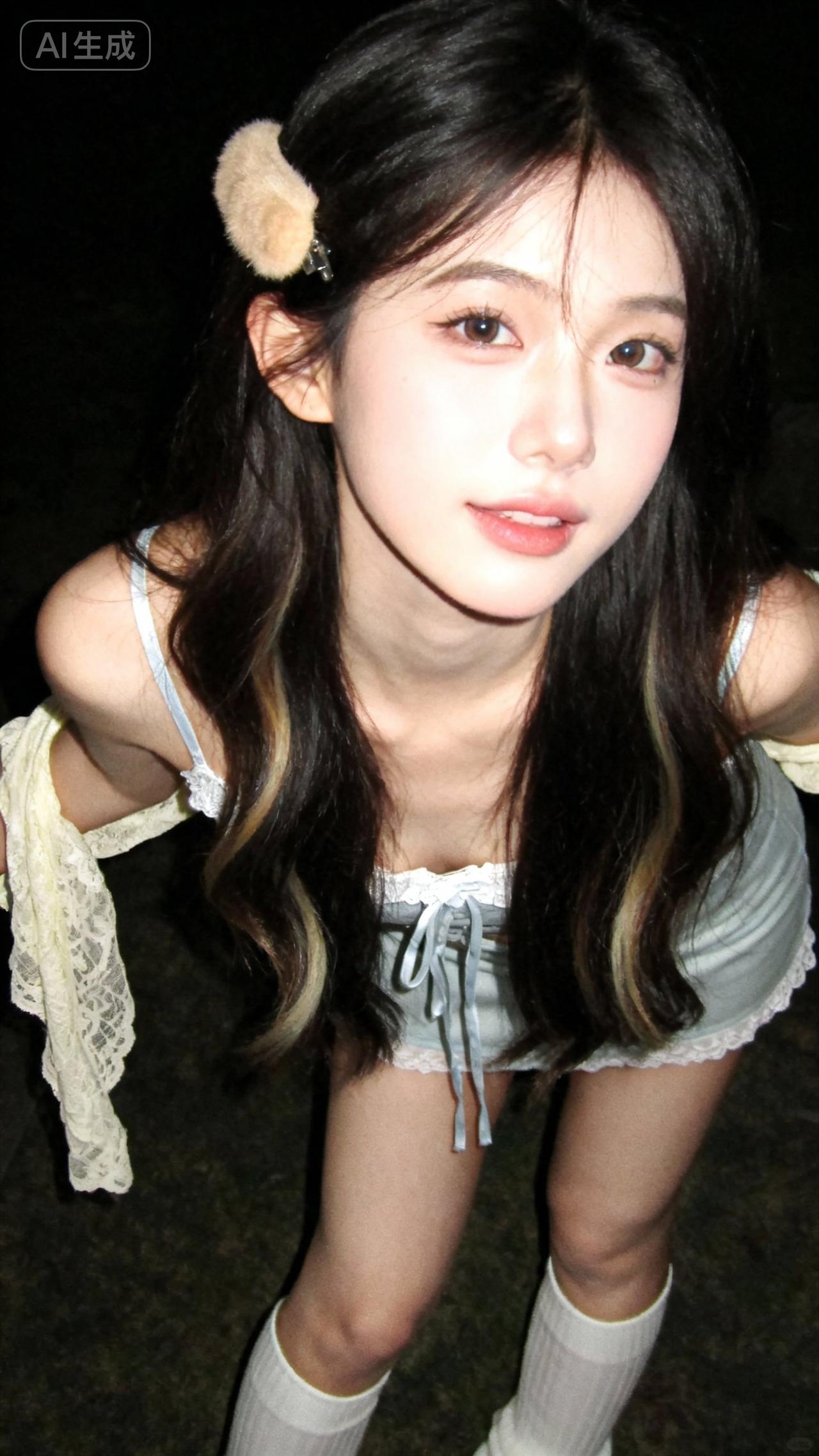 甜美少女风，毛绒发饰点缀，夜晚的浪漫气息扑面而来！🌹✨可以分享一张秋景树叶的照