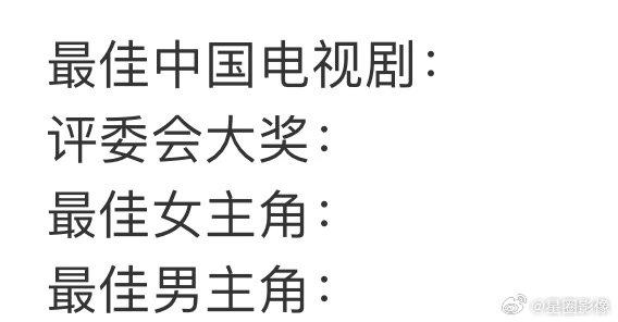 现在就剩四个奖项了。视帝视后，最佳剧集，评委会大奖。 