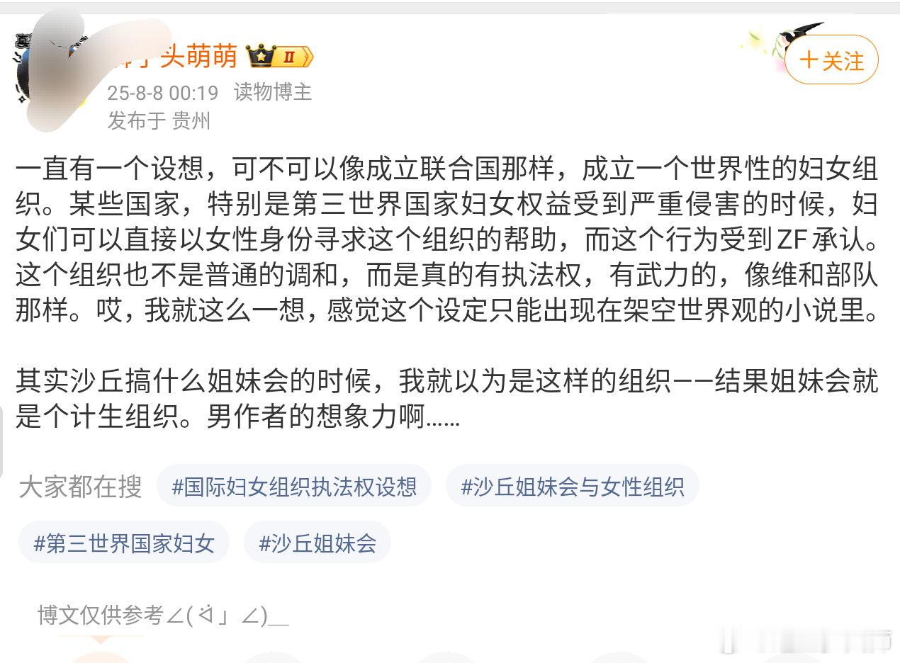 所以这位的意思是女权最好有个“世界警察”组织，有军队，看见“第三世界国家女权受损