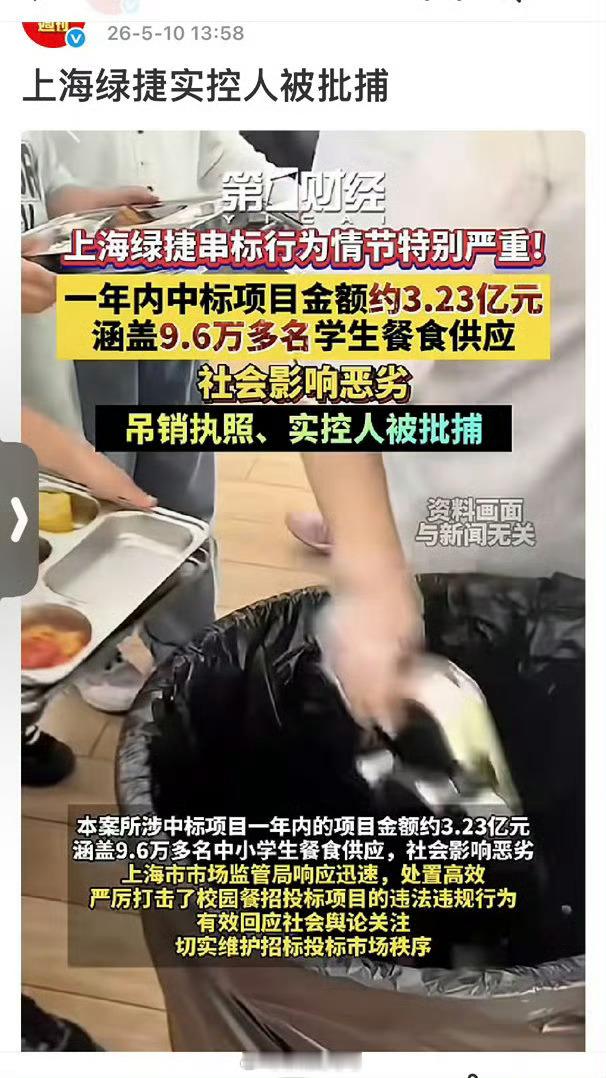上海绿捷实际控制人被捕。但校园食品安全就会安全吗？存疑。热点观点