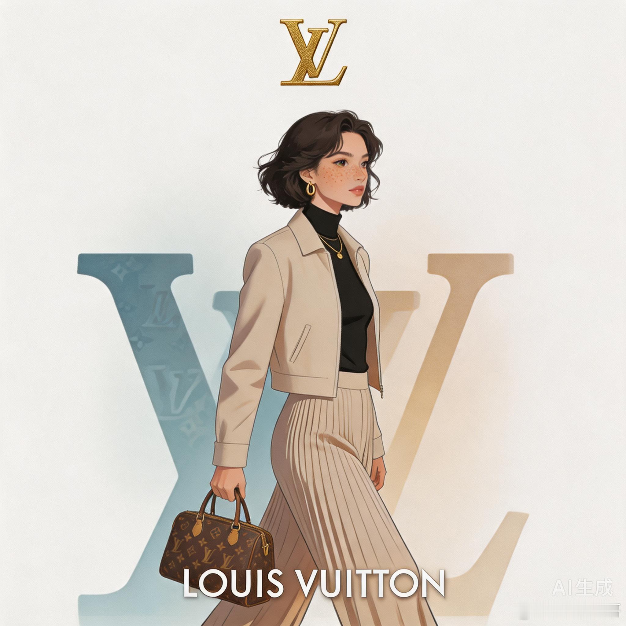 微博AI创作季一幅路易威登广告风格的奢华时尚插画。提示词：一幅路易威登广告风格的