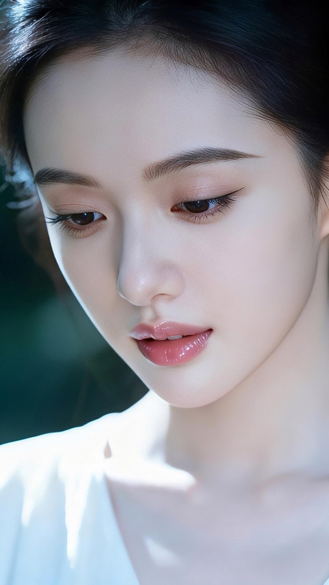 九帧同绘乌发温婉仙。发如瀑束起，睫若蝶翼眸藏星，粉唇似樱绽柔。白衣映雪肌，鼻梁挺