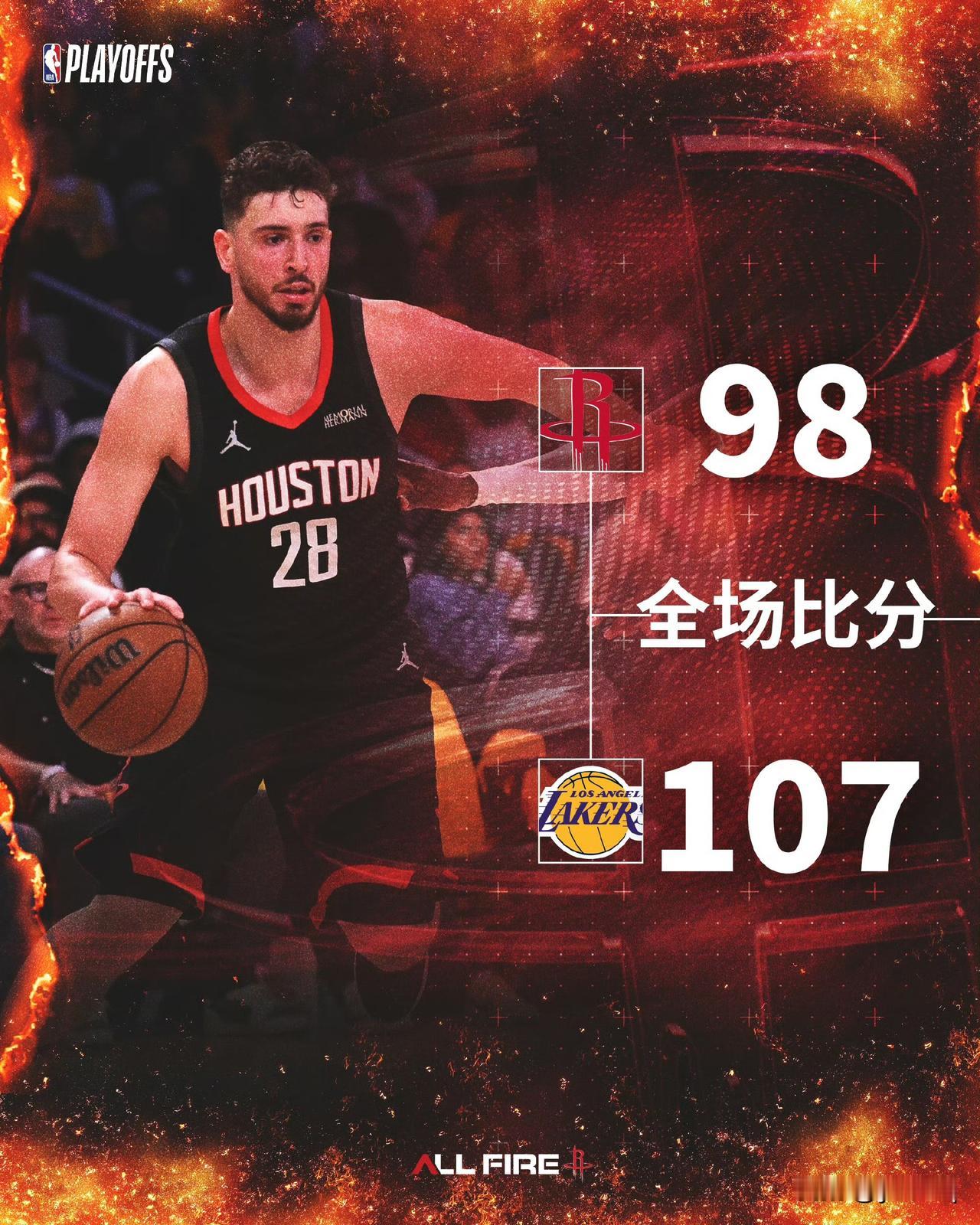 火箭98:107不敌湖人，G1大比分0:1
全场自始至终没投射的火箭难一抵抗湖人