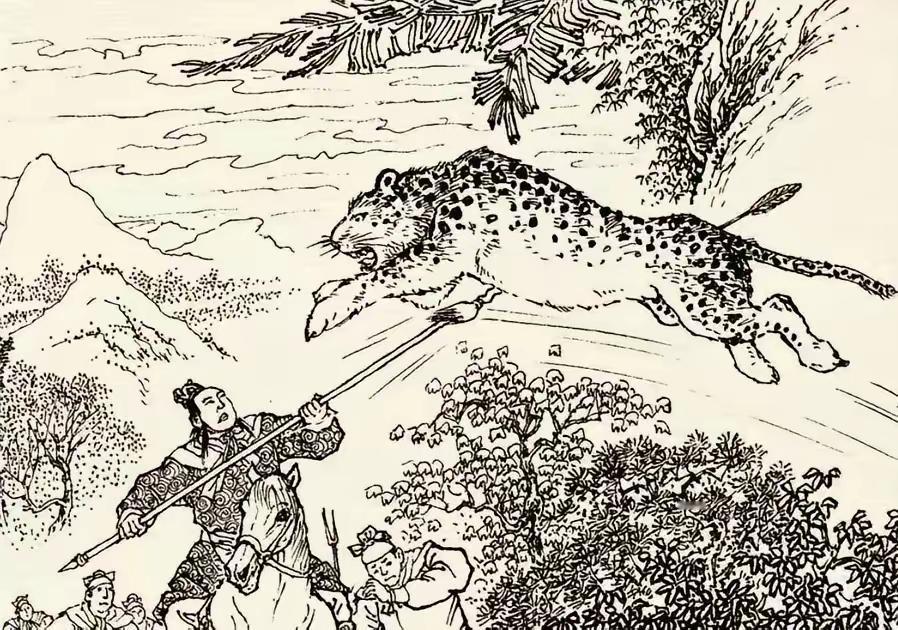 四公子岳霖外出打猎，遇见一头豹子，岳霖一箭射在豹子胯部，豹子疼痛难忍...