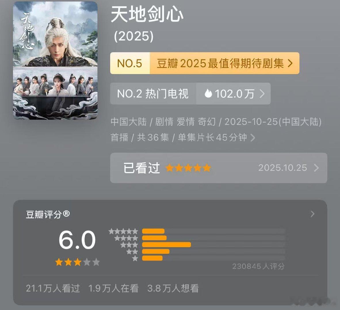 成毅天地剑心豆瓣6分 成毅天地剑心豆瓣评分6分，我看完了，低了吧，正常7.5是有