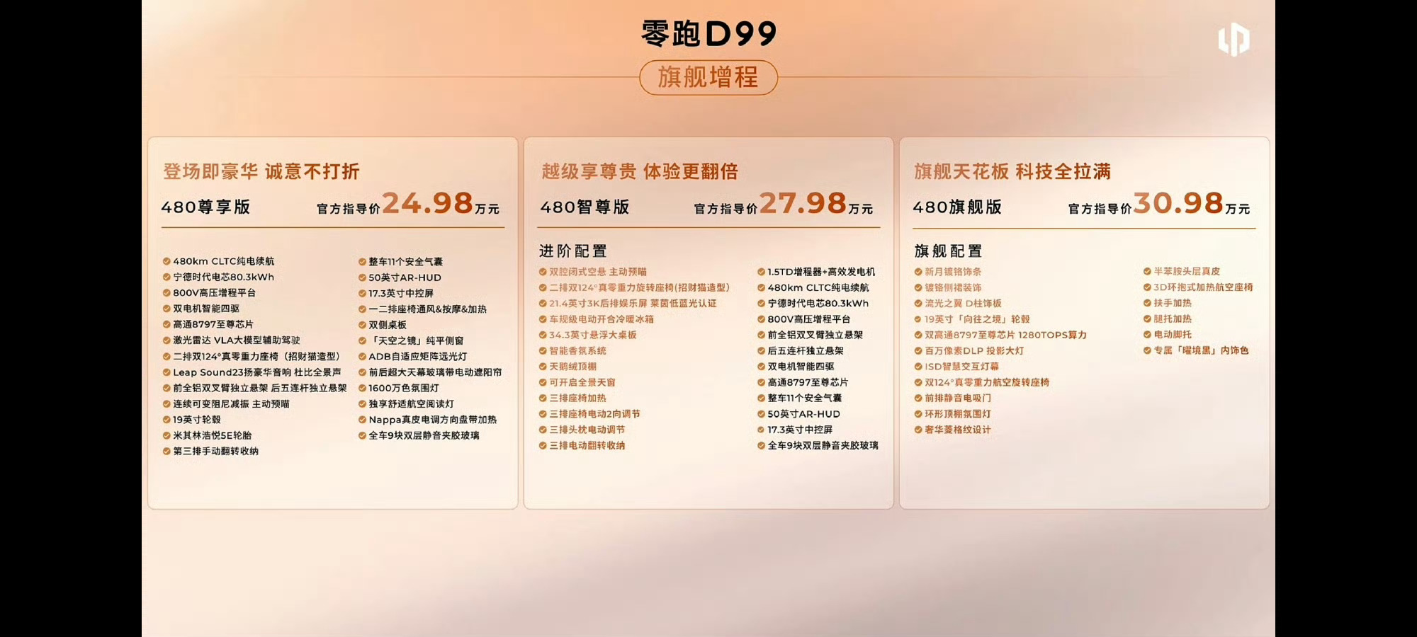 零跑D99正式售价来啦，增程24.98万起纯电25.98万起价格一贯的猛 