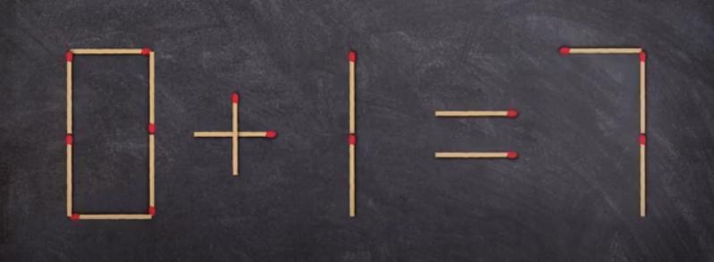 这是一道由火柴棍摆成的等式“0 + 1 = 7”，显然这个等式并不成立。你能只移