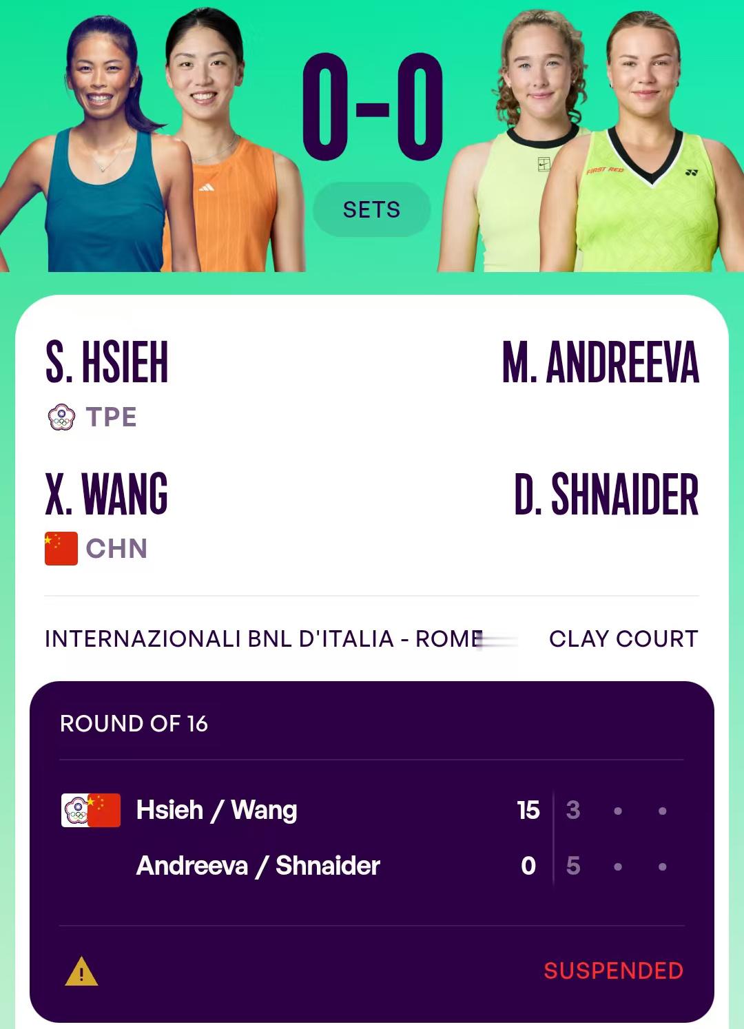 #王欣瑜谢淑薇比赛暂停#WTA1000罗马站女双次轮，王欣瑜/谢淑薇vs安德列娃