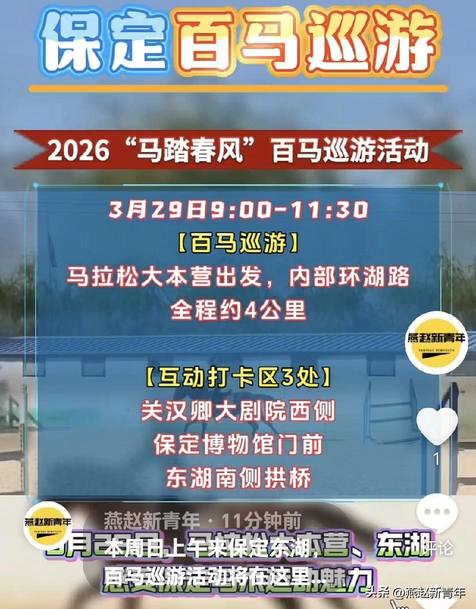本周日上午来保定东湖，百马巡游活动将在这里上演！一起感受保定马术运动的魅力，不仅