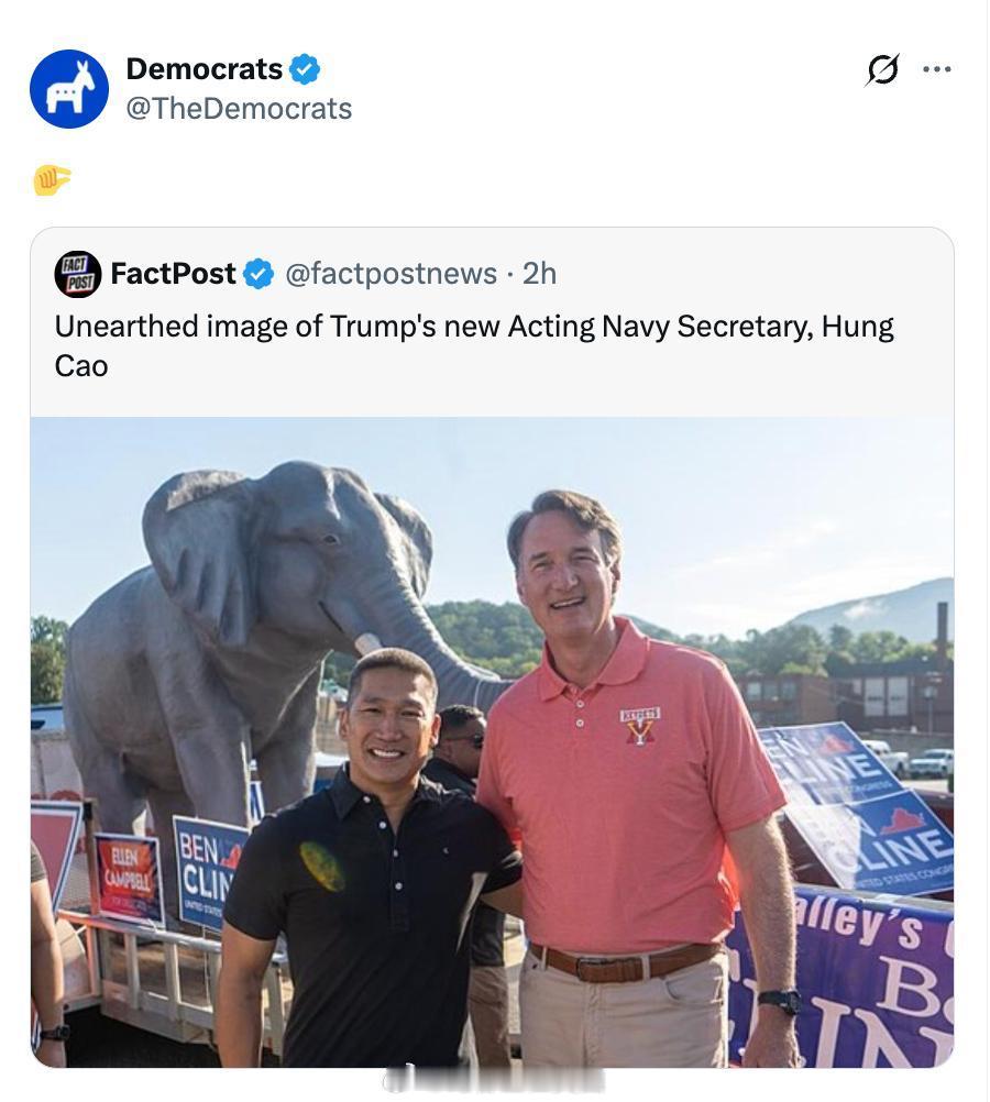 民主党官推讽刺海军代理部长Hung Cao身高。现已删帖。 