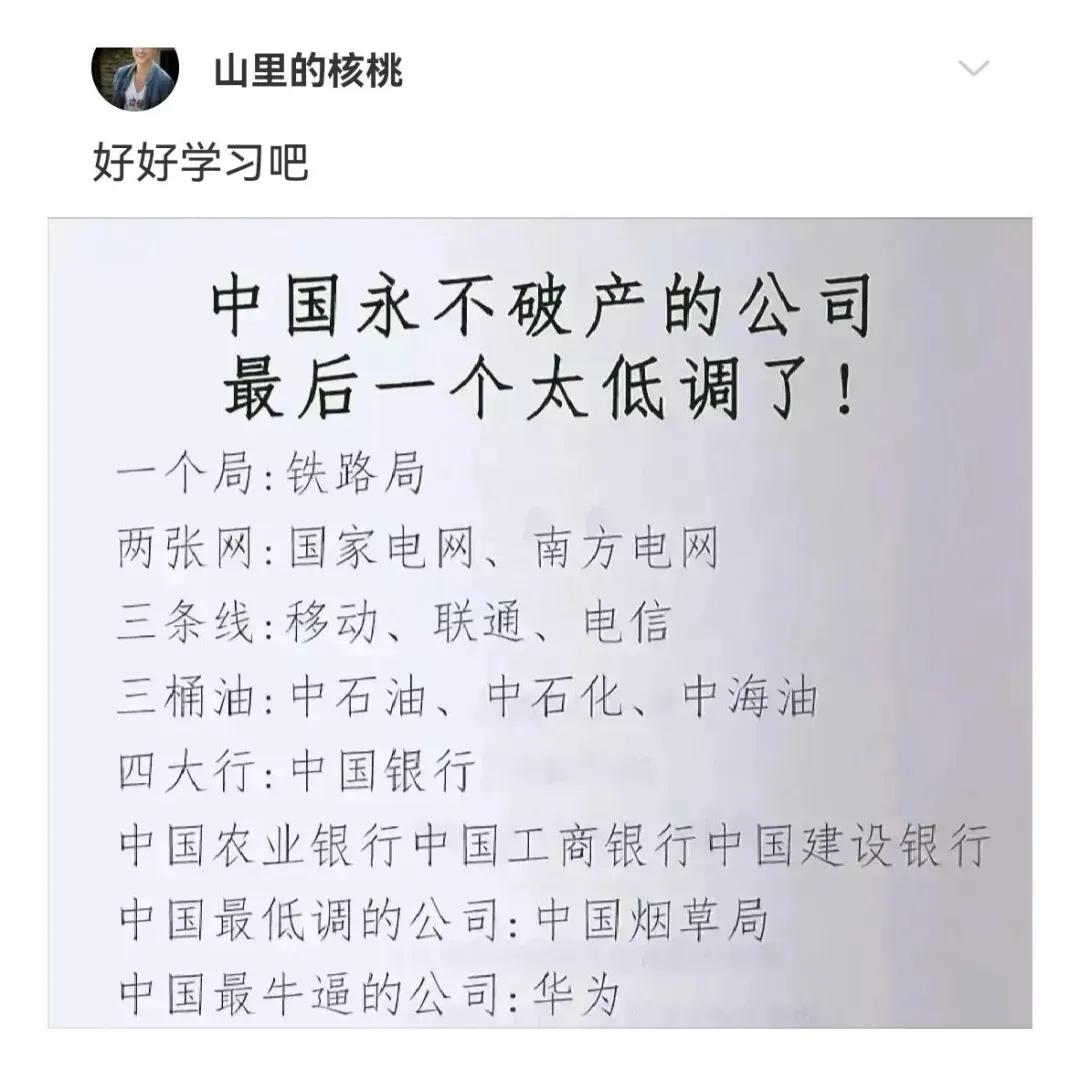 中国永远不会破产的公司，最后一个太低调了