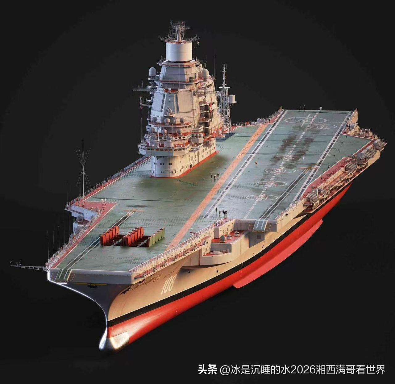 军迷朋友给我分享一张他亲手做的航母模型精彩靓图，我觉得有种缝合怪的感觉。首先第一