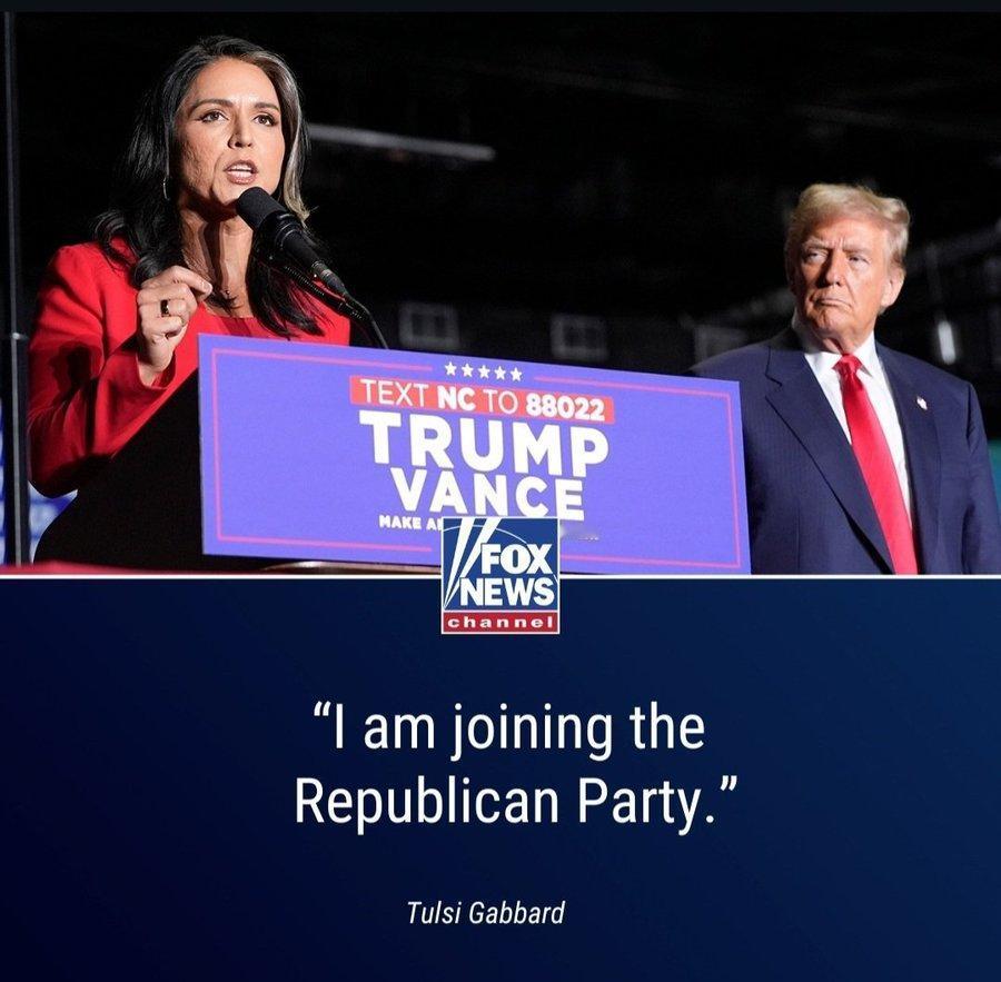 突发新闻：图尔西·加伯德正式加入共和党。#美国政治 #图尔西加伯德 #共和党