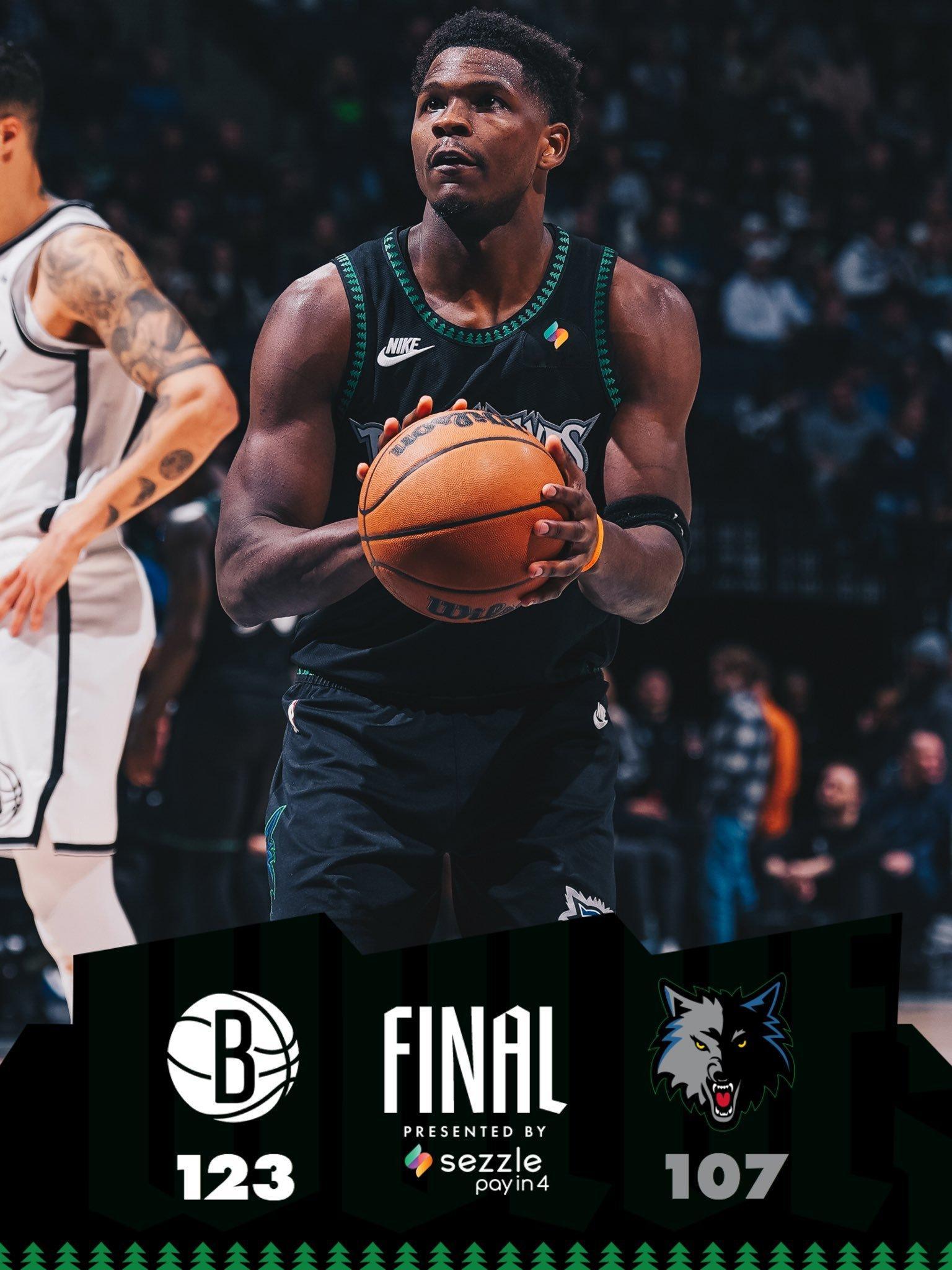 森林狼主场107-123负于篮网，两连败跌至西部第六。 